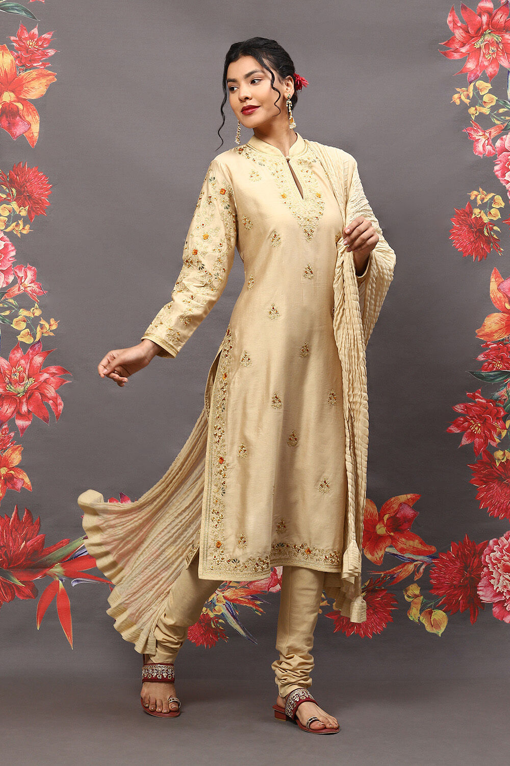 Beige Cotton Blend Straight Kurta Suit Set image number 6