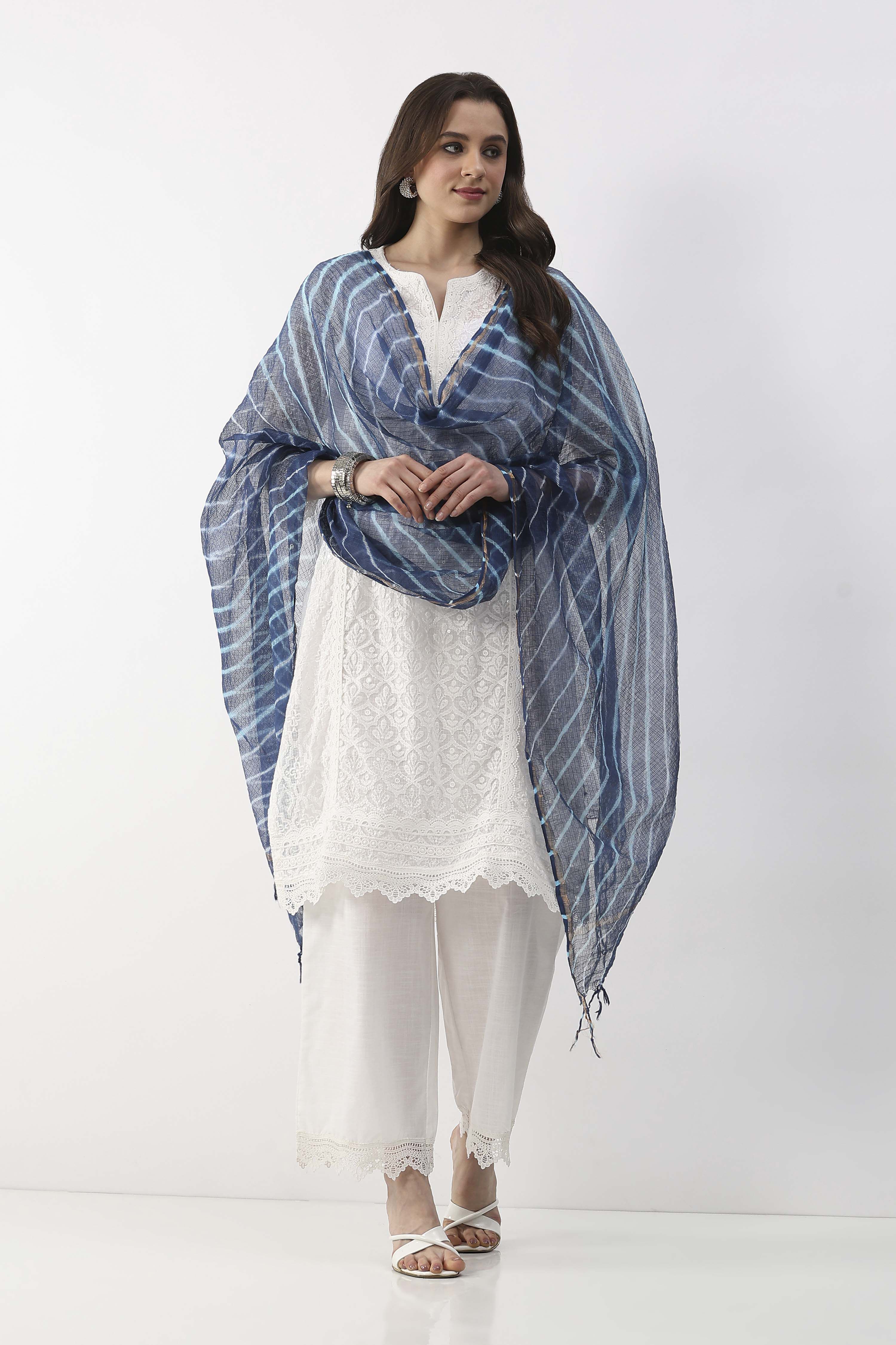 Blue & White All-Over Striped Dupatta image number 0
