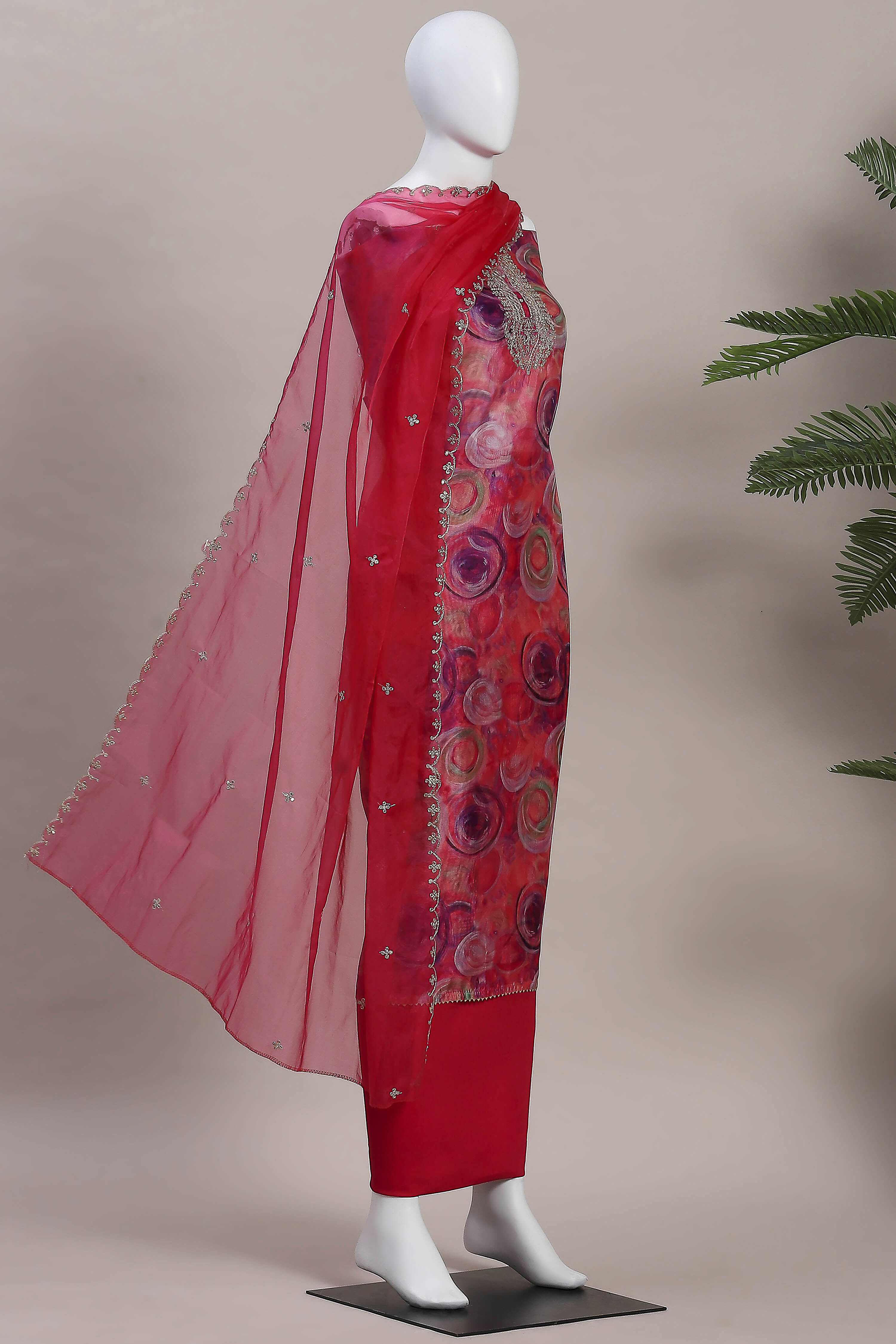 Pink Organza Rajasthani Print Unstitched Suit Set image number 4