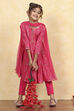Pink Cotton Tiered Printed Kurta Churidar Set