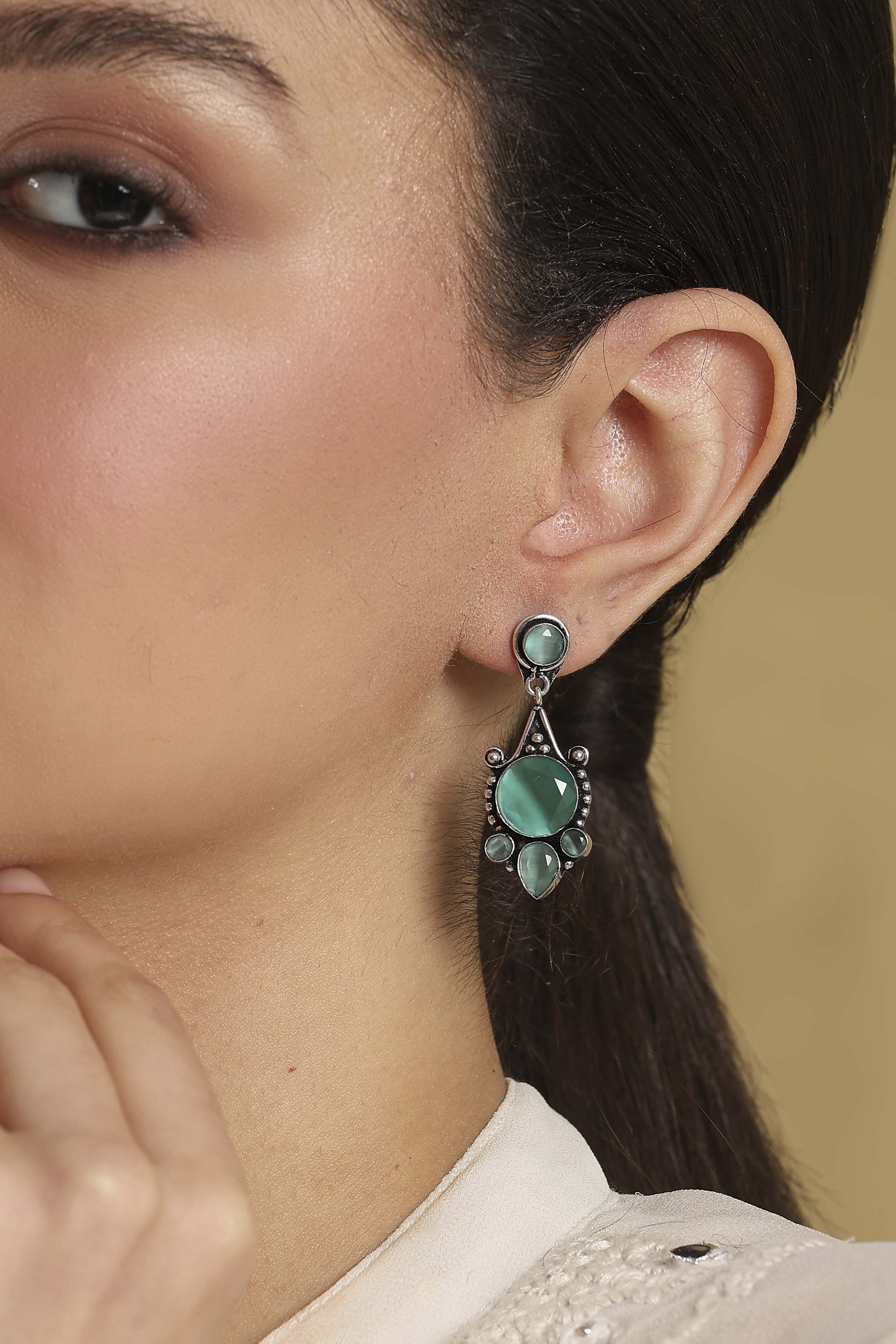 Silver Toned & Green Brass Studded Drop Earrings image number 1