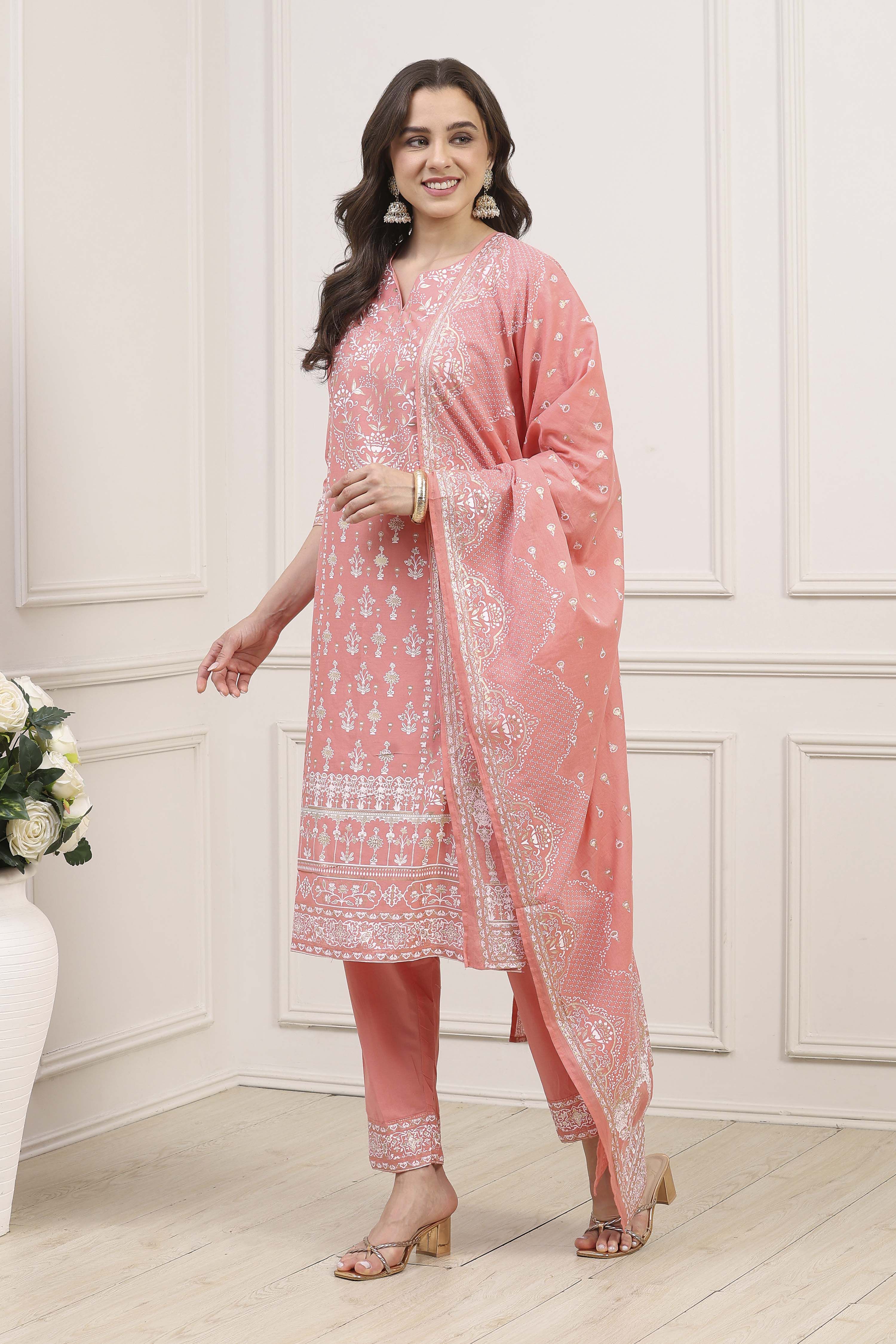 Light Coral Cotton Straight Kurta Pants Suit Set image number 3