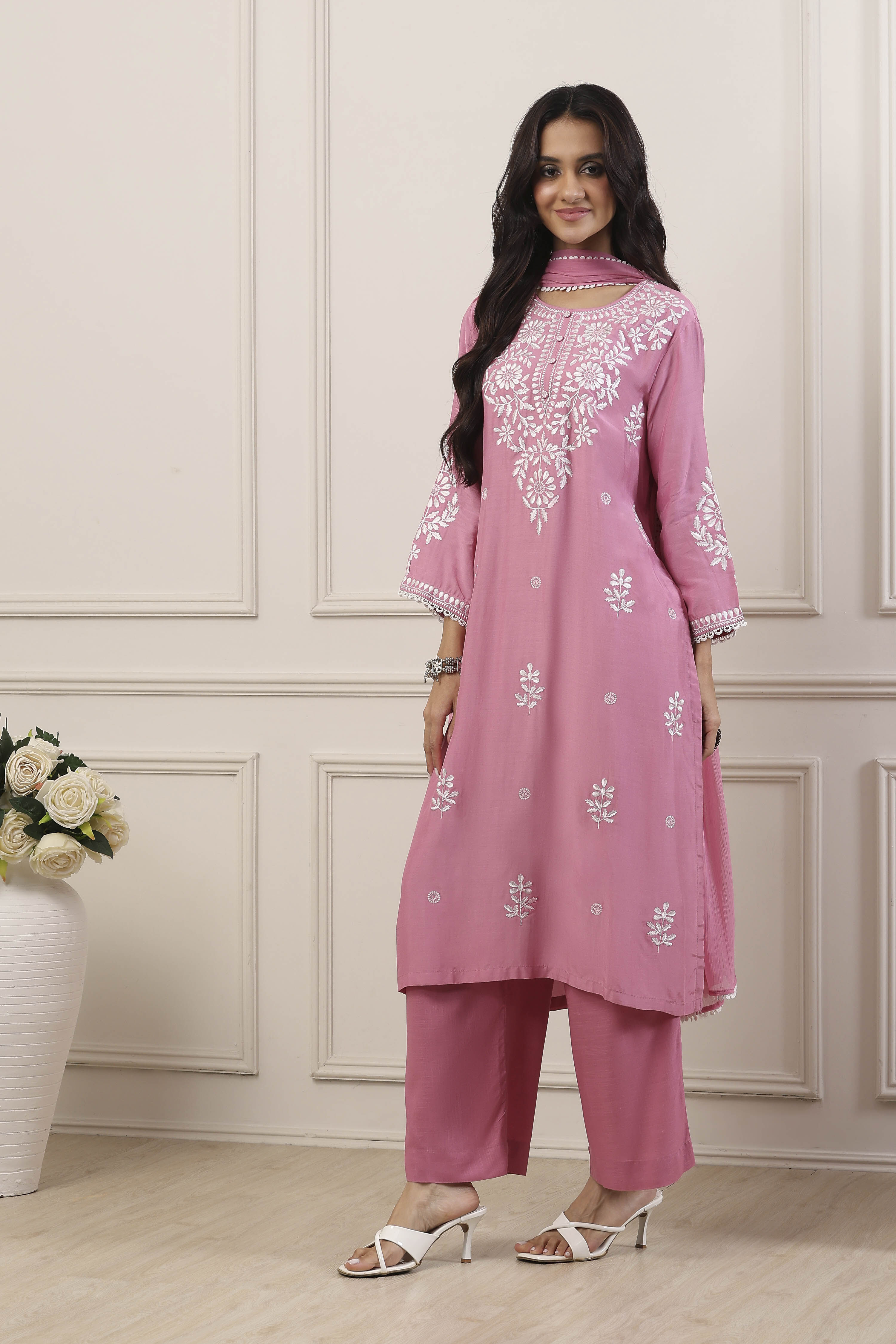 Pink Poly Viscose Floral Embroidered Straight Suit Set image number 4