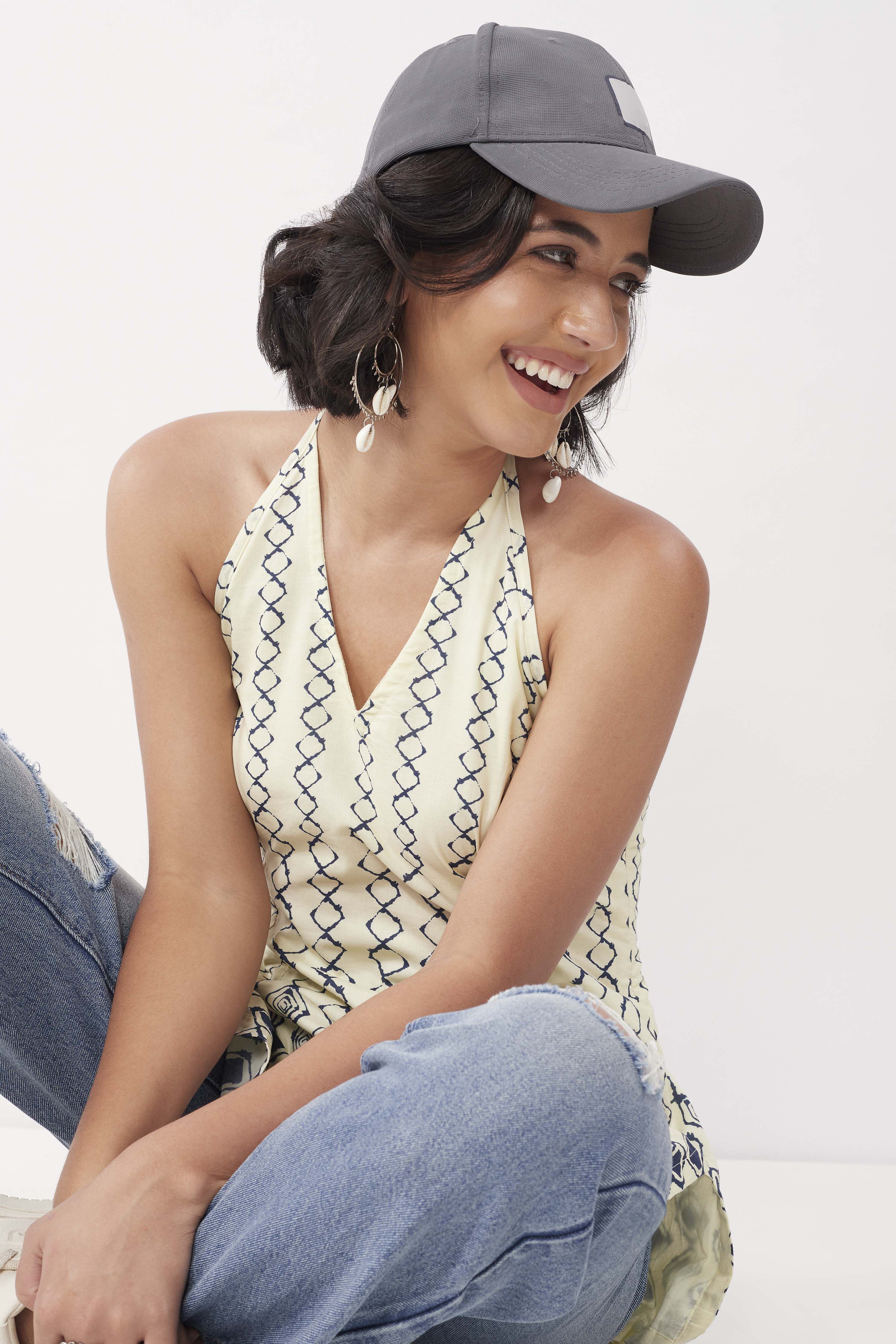 Ivory Cotton Geometric Tie-Up Halter Kurti image number 8