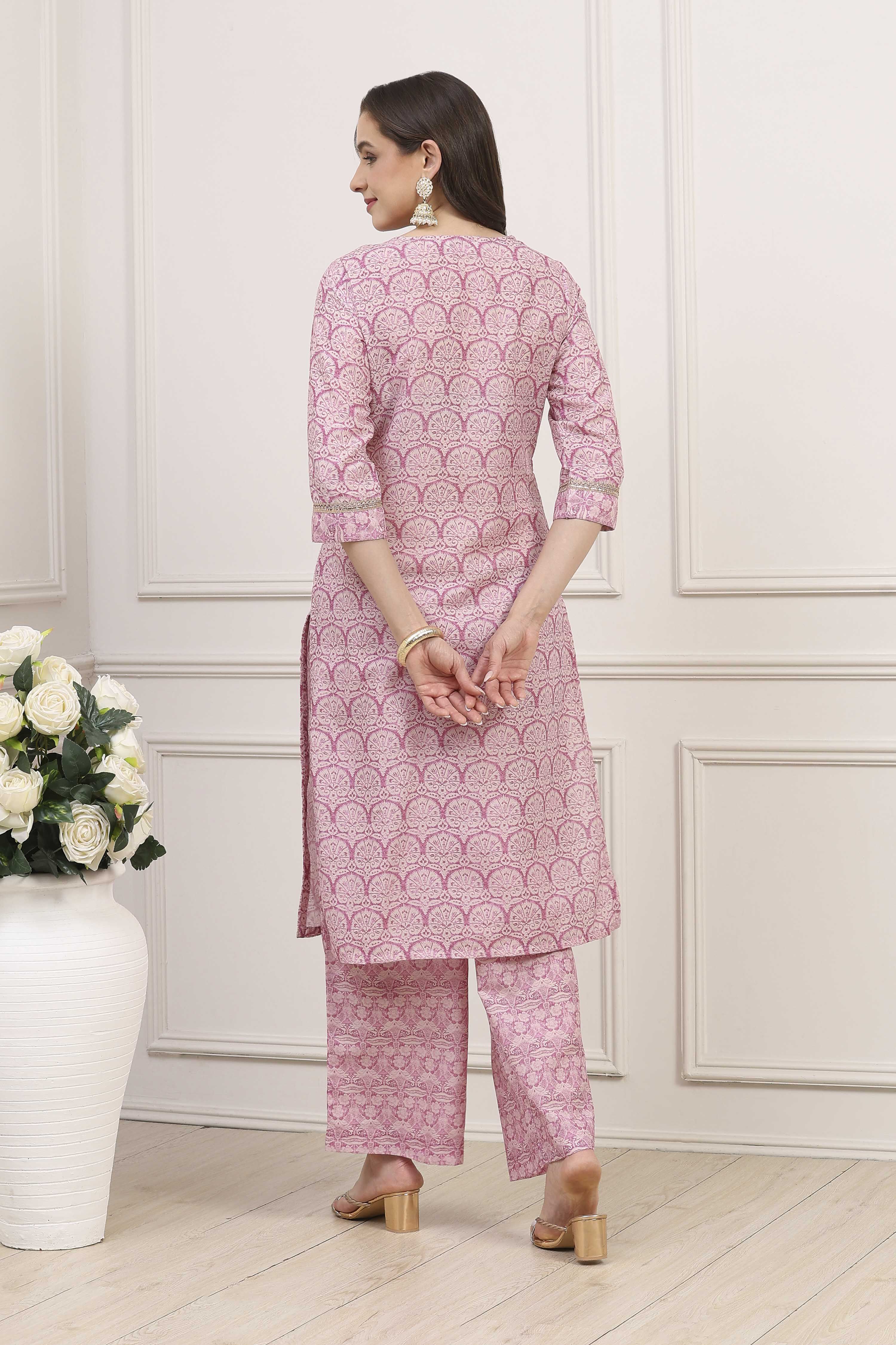 Pink Cotton Blend Straight Kurta Palazzo Suit Set image number 5