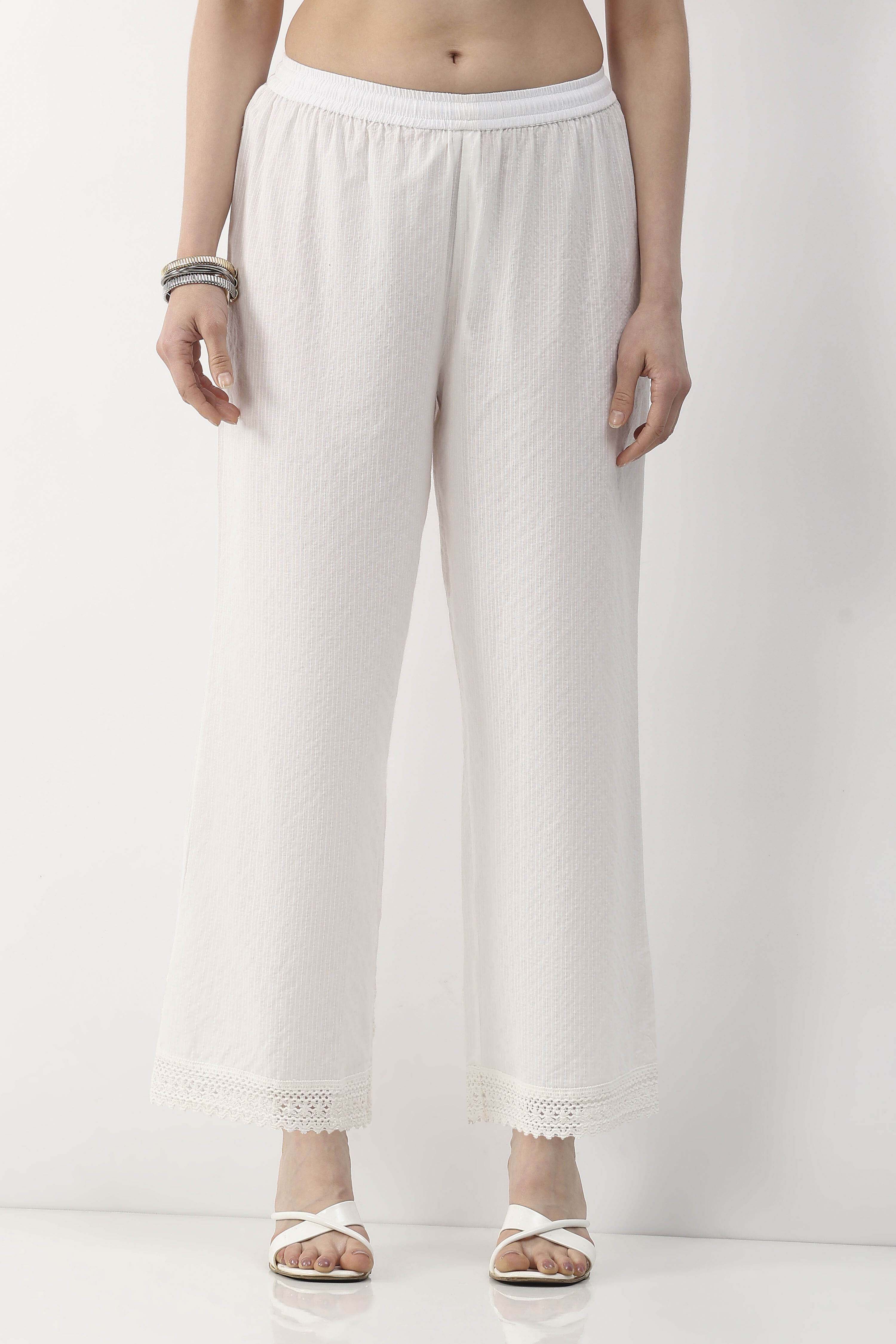 White Cotton Lace Trim Straight Palazzos image number 5
