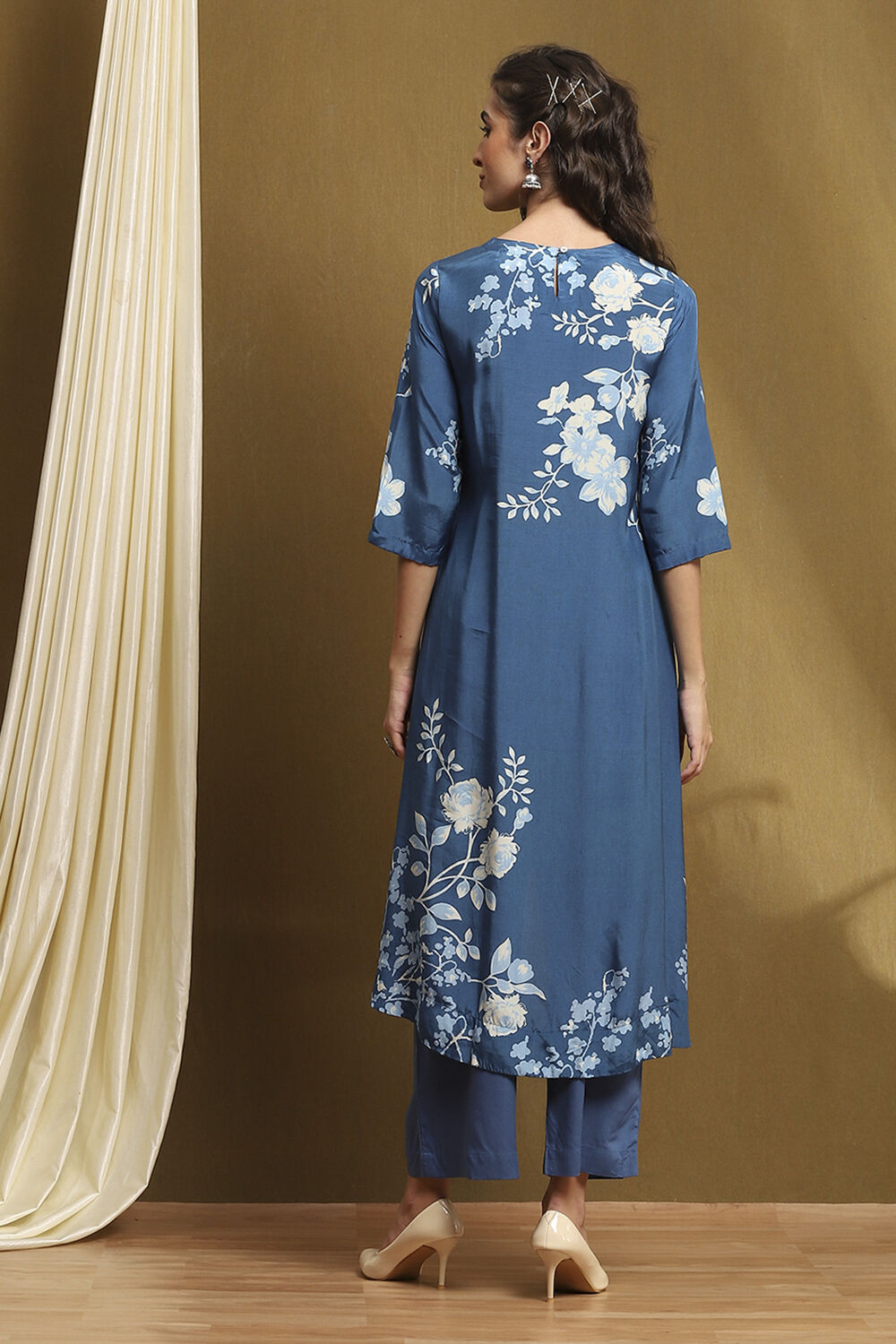 Coral Modal Floral Printed Asymmetric Kurta Set image number 4