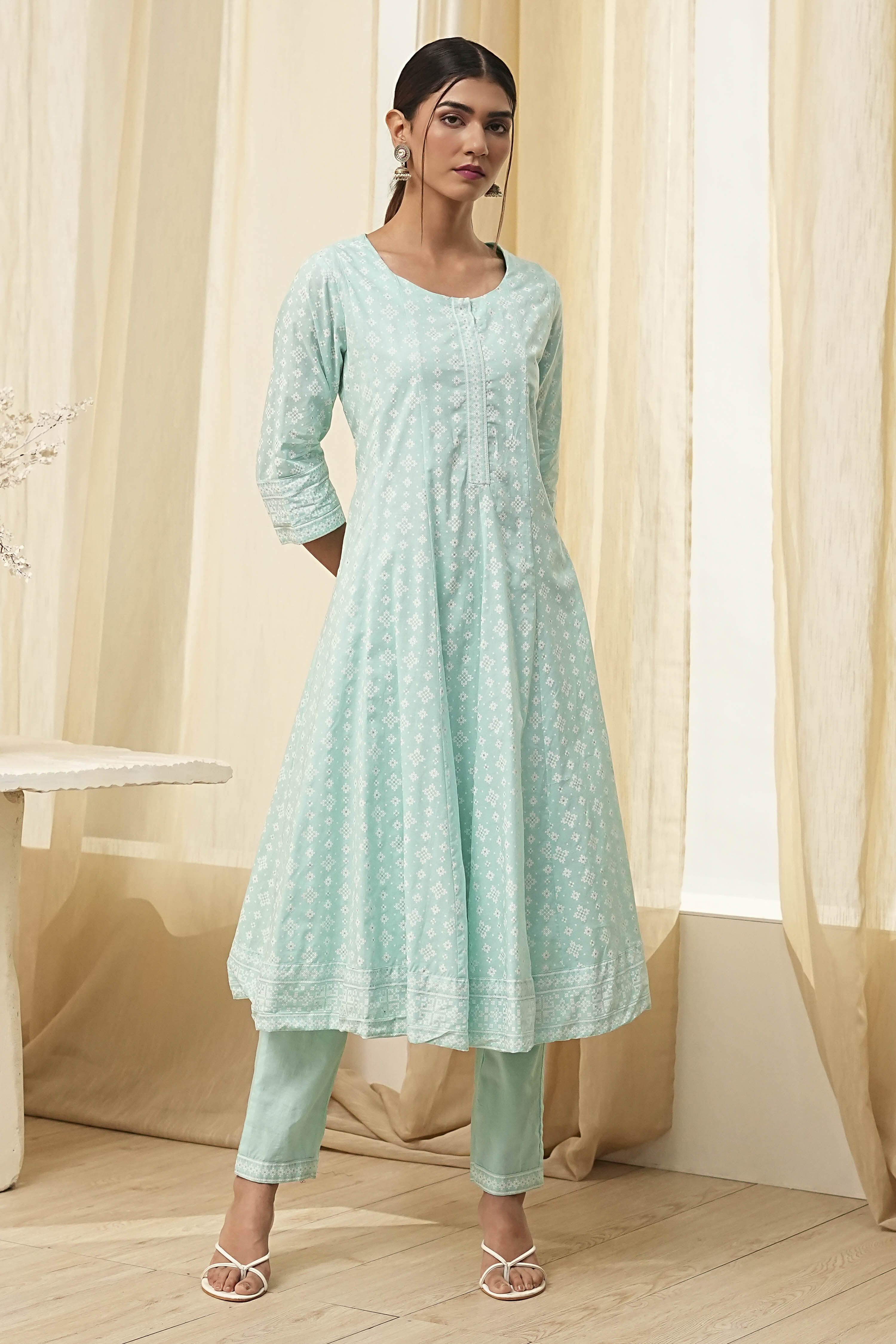 Aqua Pure Cotton Printed Kalidar Suit Set image number 7