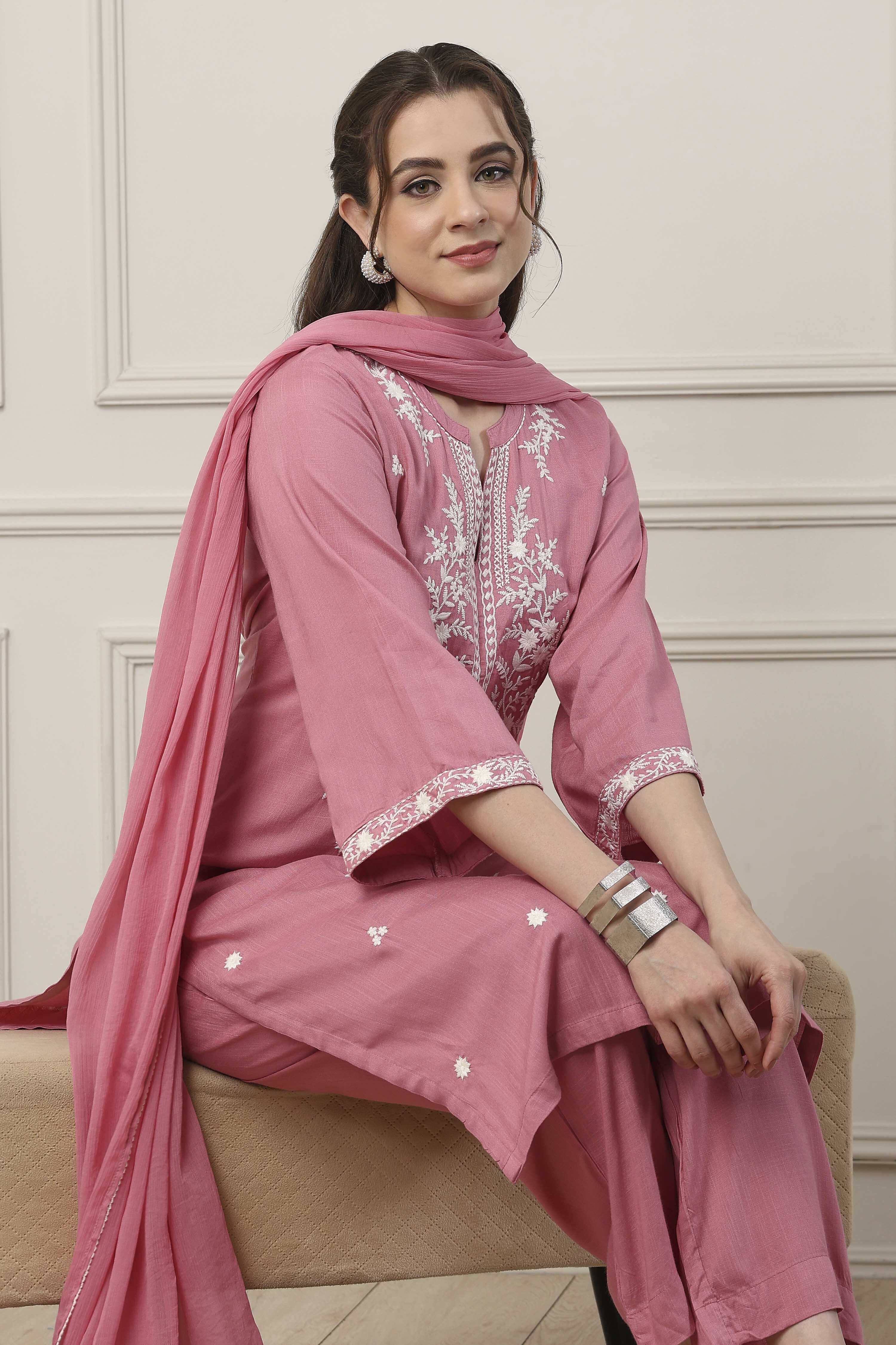 Pink Viscose Floral Embroidered Straight Suit Set image number 6