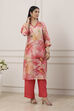 Pink Floral Print Lace Trim Straight Suit Set image number 5