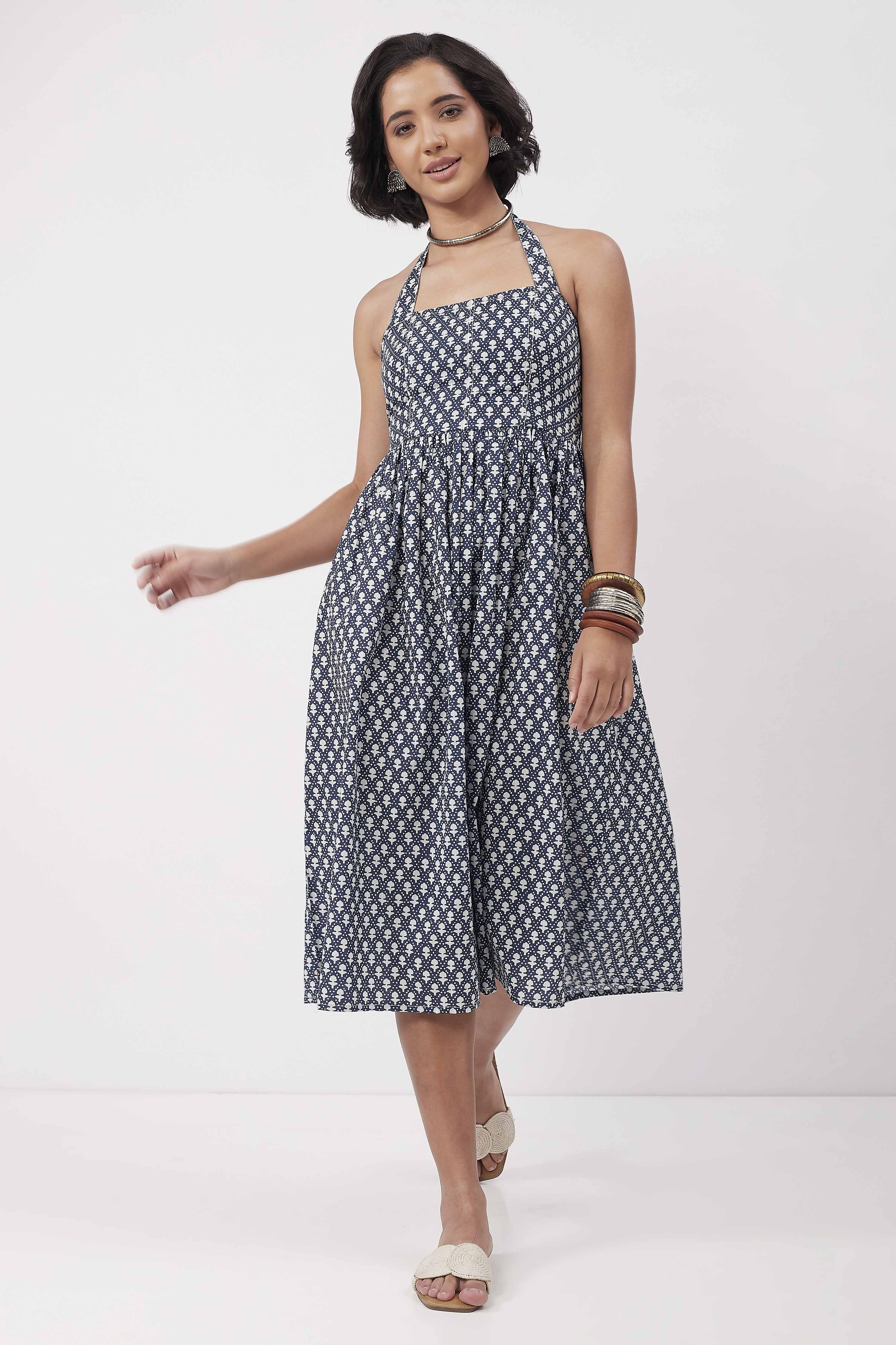 Indigo Cotton Ethnic Motif Printed Halter Midi Dress image number 2