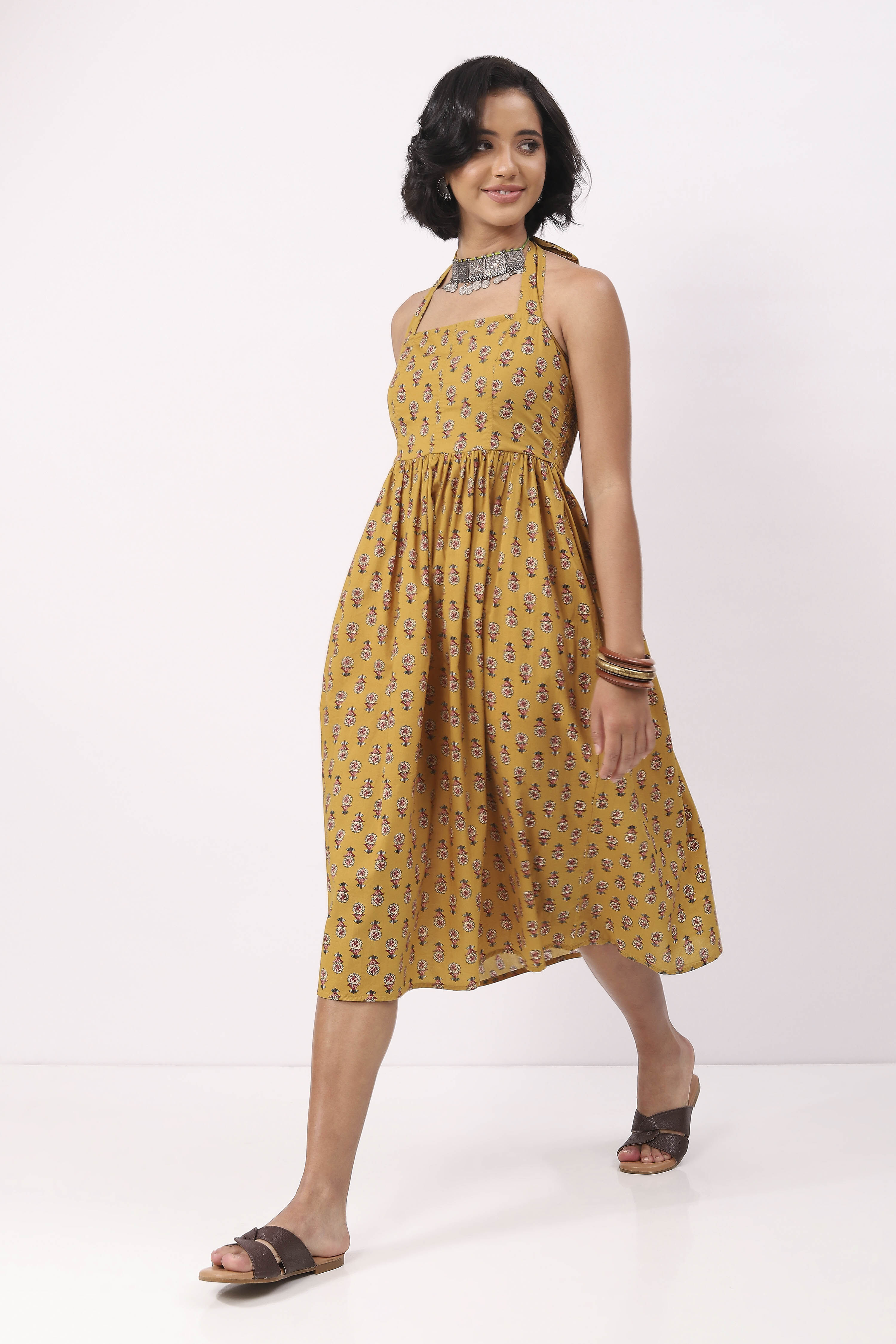 Yellow Cotton Floral Lace-Up Midi Dress image number 1