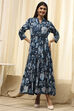 Earthy Blue Cotton Floral Tiered Dress image number 5