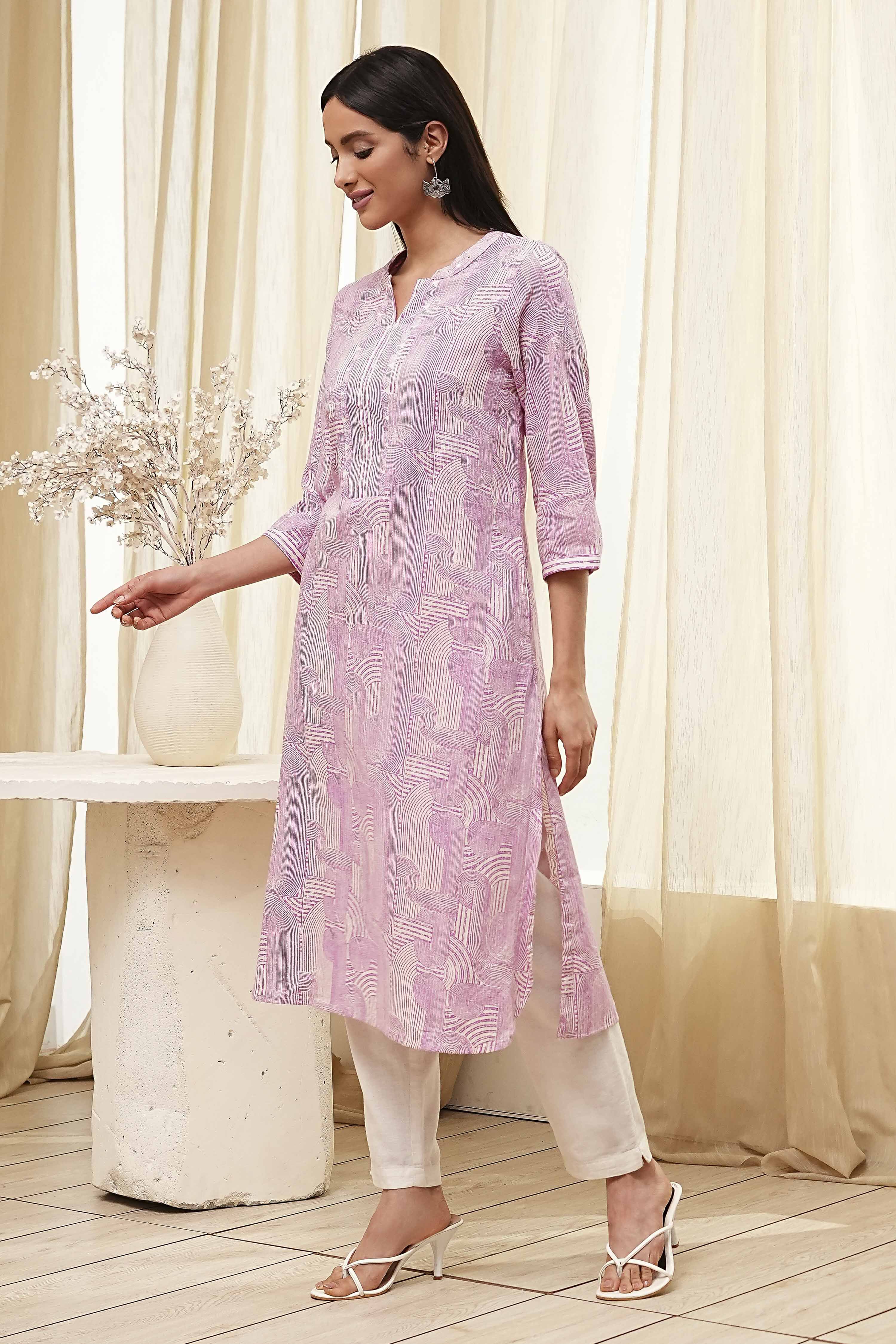 Pink Cotton Printed Straight Kurta image number 2