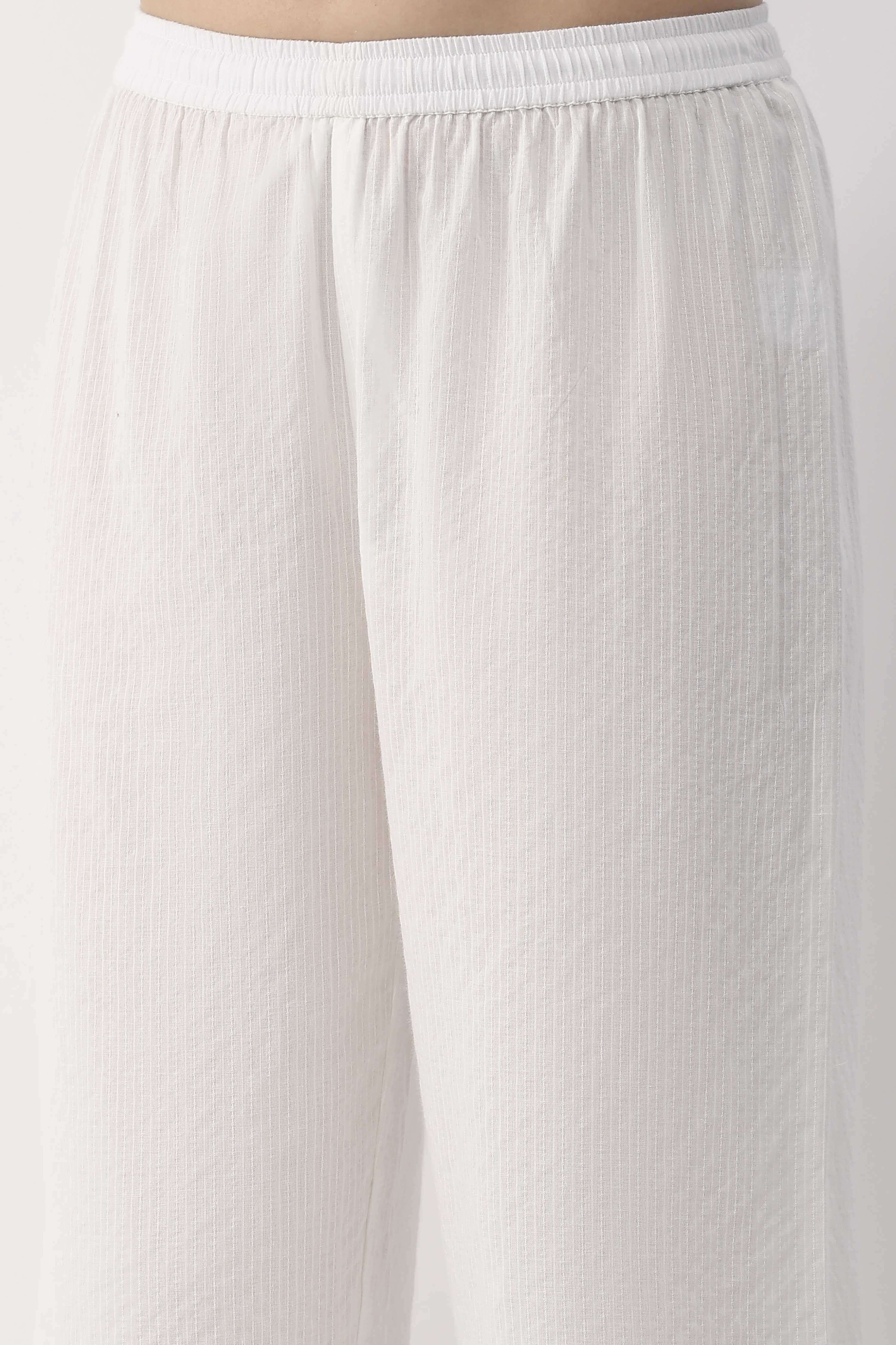 White Cotton Lace Trim Straight Palazzos image number 1