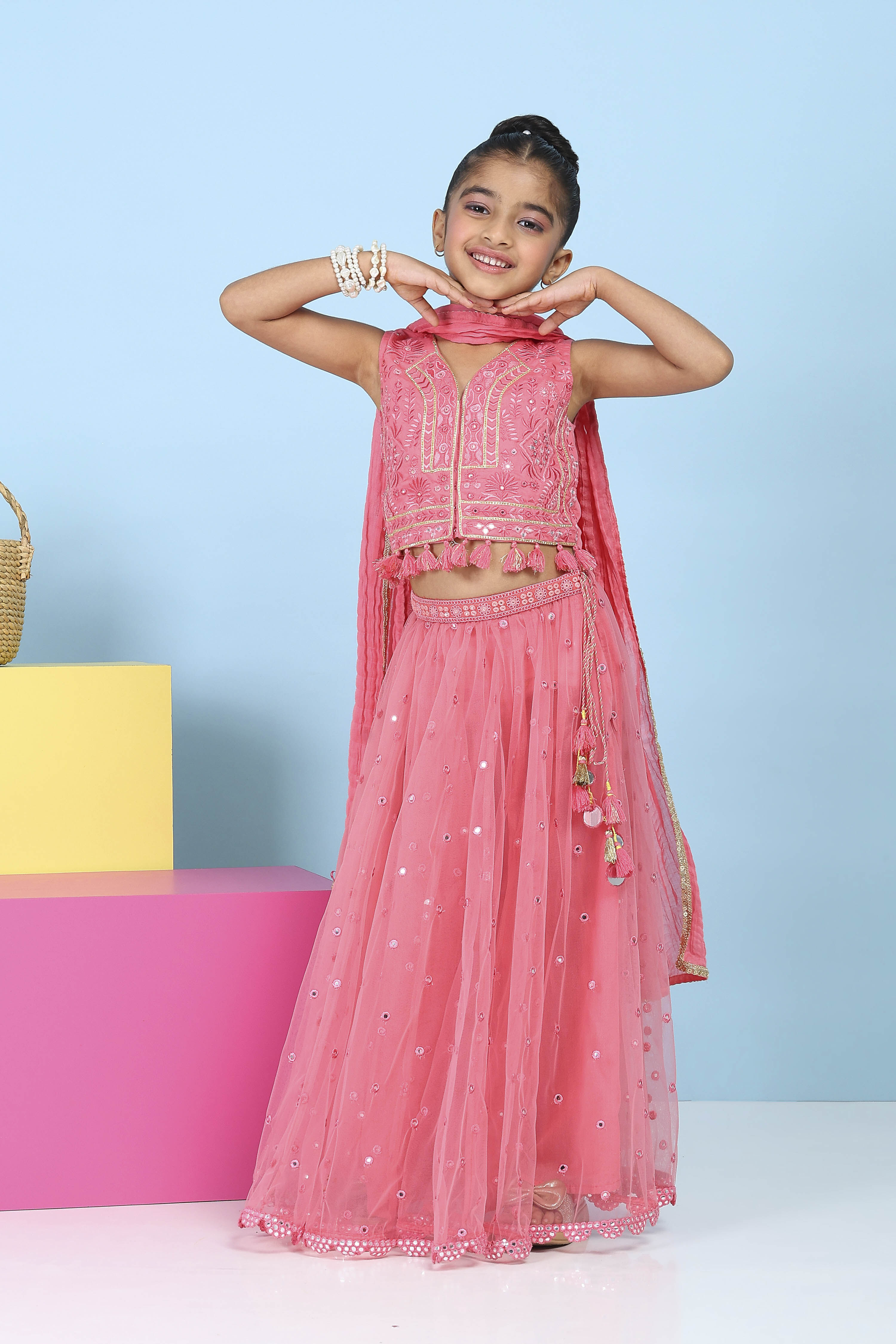 Pink Cotton Mirror Work Embroidered Lehenga Set image number 6