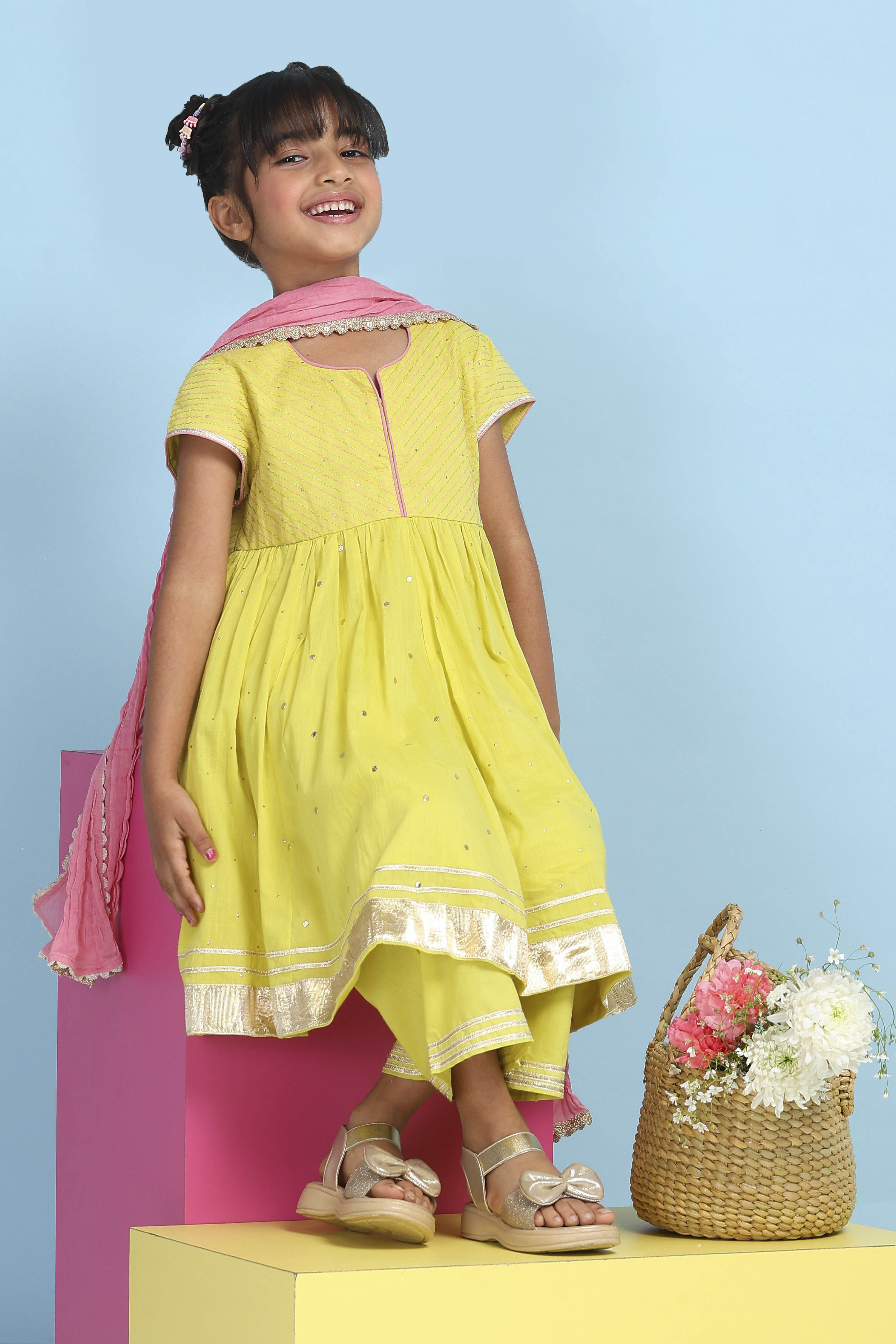 Lime Green Cotton Embroidered Anarkali Suit Set image number 0