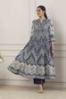 Blue Cotton Paisley & Chevron Printed Anarkali Suit Set image number 0
