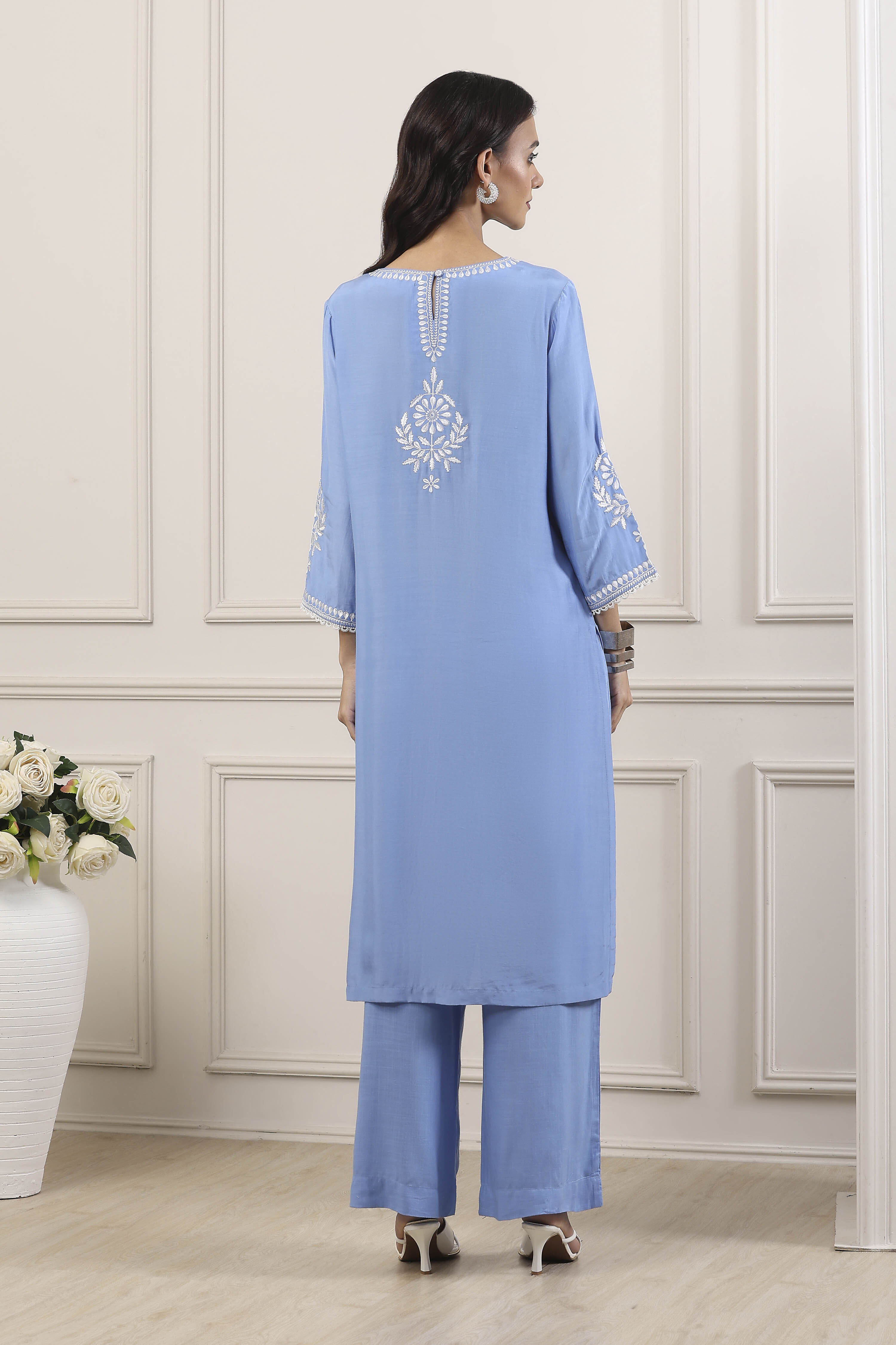 Blue Poly Viscose Floral Embroidered Straight Suit Set image number 3