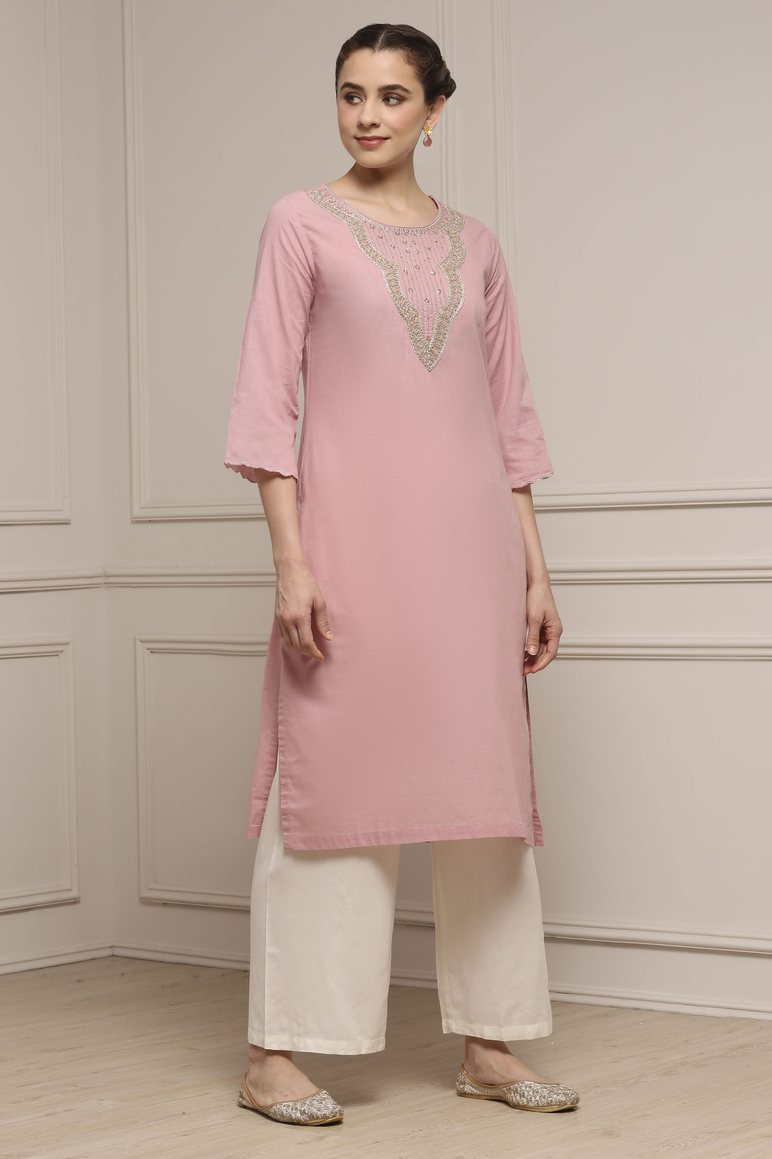 Blue Cotton Solid Straight Kurta image number 4