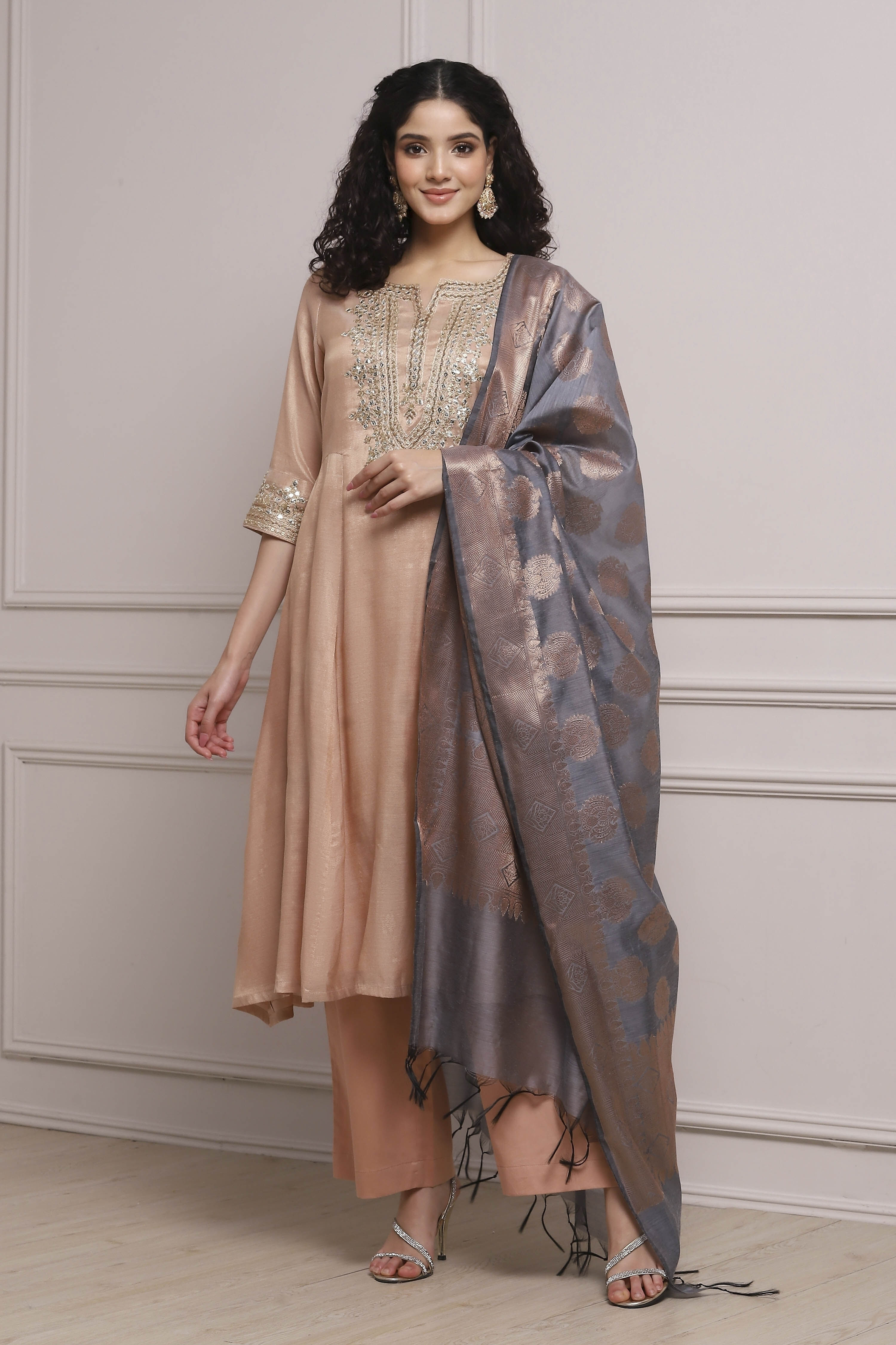 Blush Peach Cotton Tissue Embroidered Dyed Kalidar Suit Set image number 0