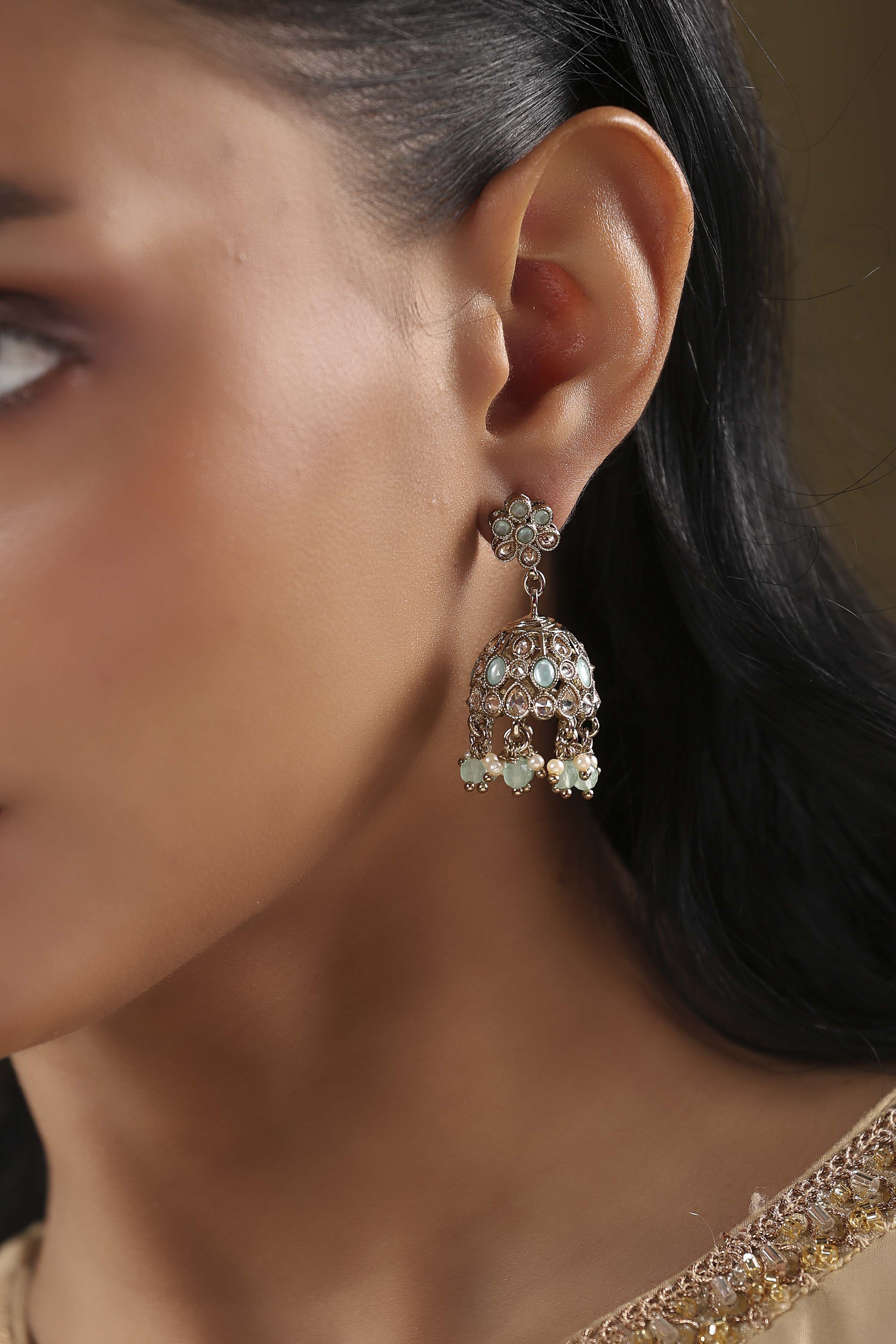 Mint Green Alloy Jhumka image number 1
