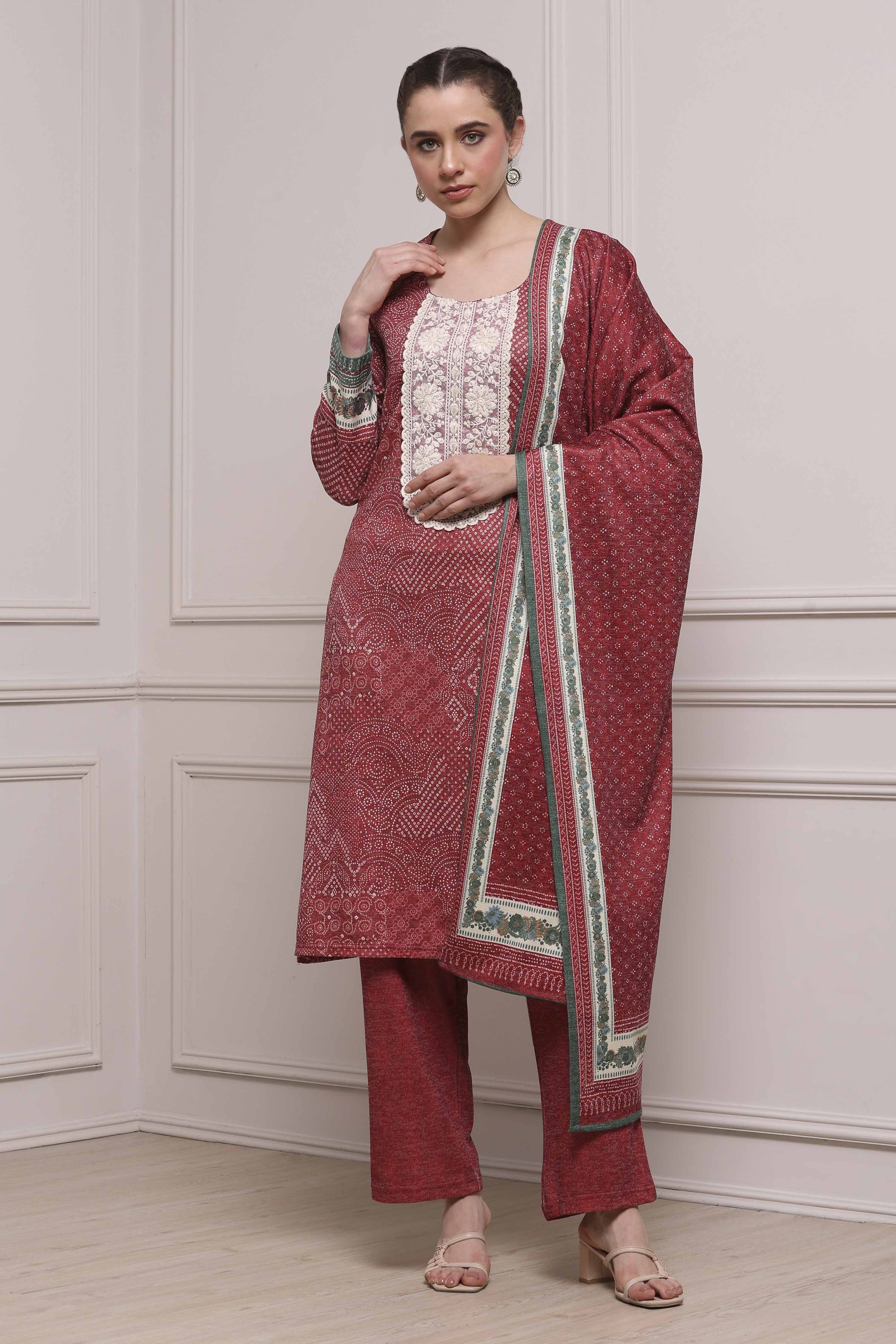 Red Printed Straight Winter Suit Set image number 6
