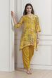 Lime Yellow Chanderi Floral Printed Asymmetric Straight Kurta Set