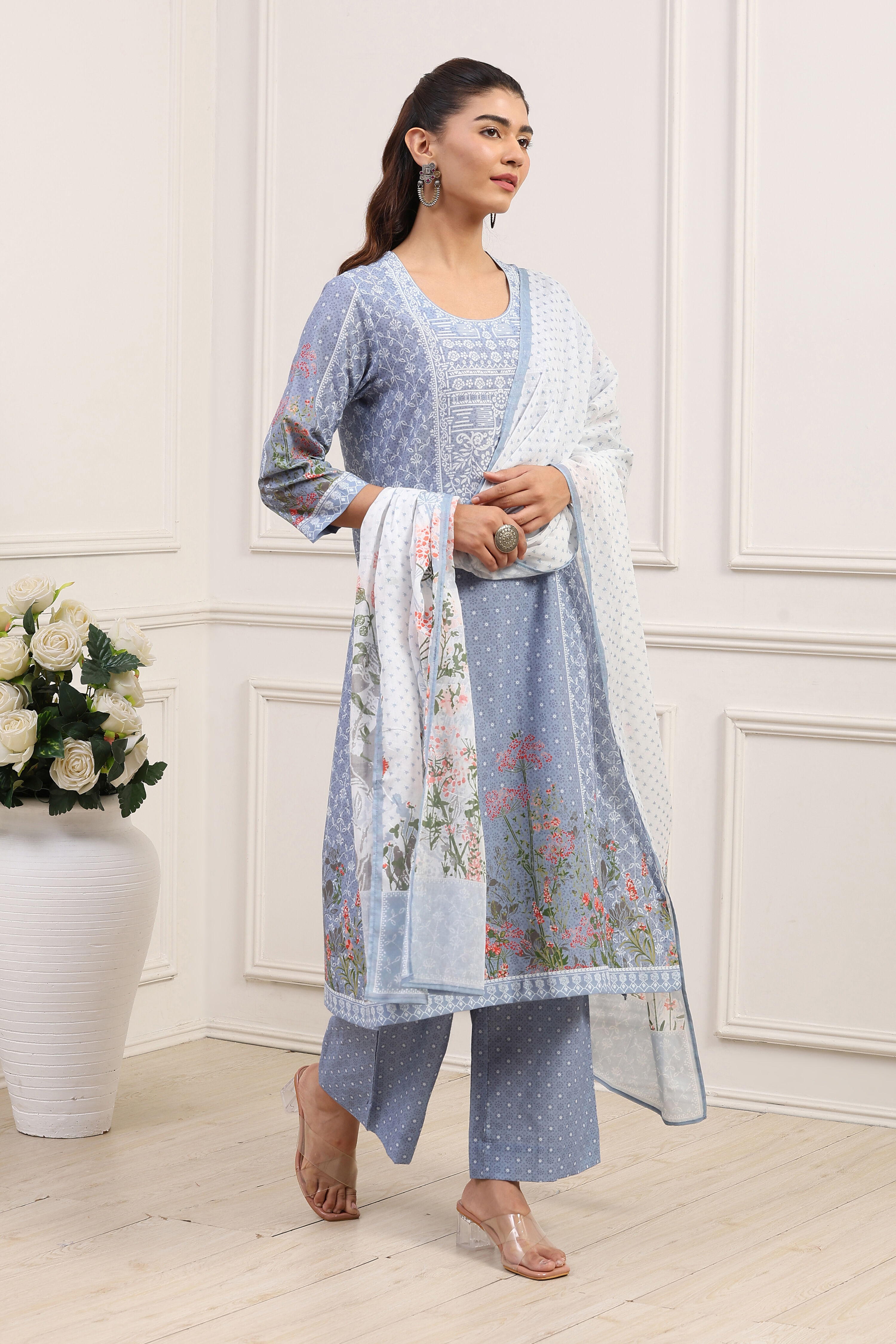Powder Blue Cotton Straight Kurta Palazzo Suit Set image number 5