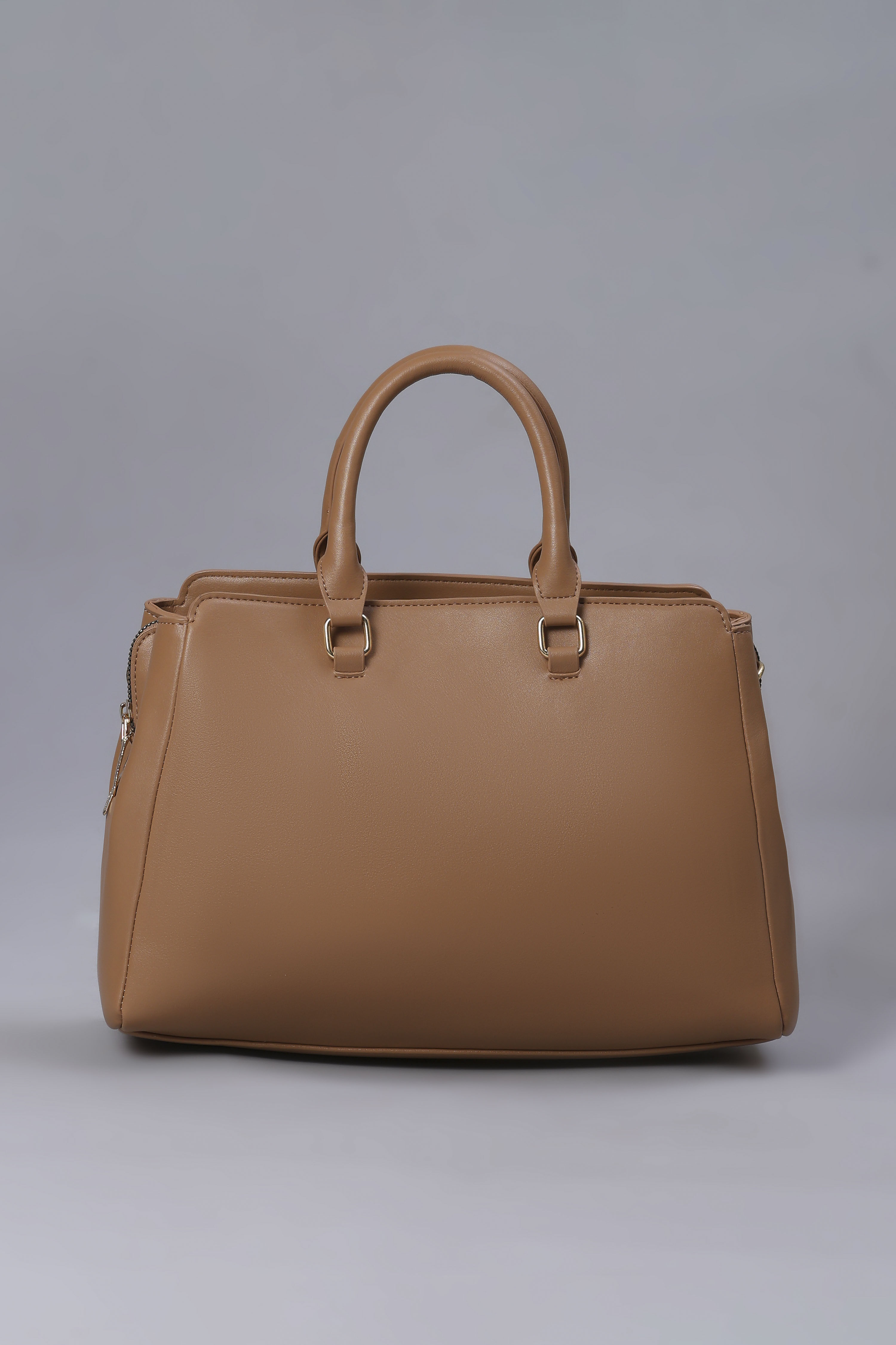 Brown PU Solid Structured Handheld Bag image number 2