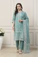 Turquoise Blue Cotton Floral Printed Straight Suit Set image number 0
