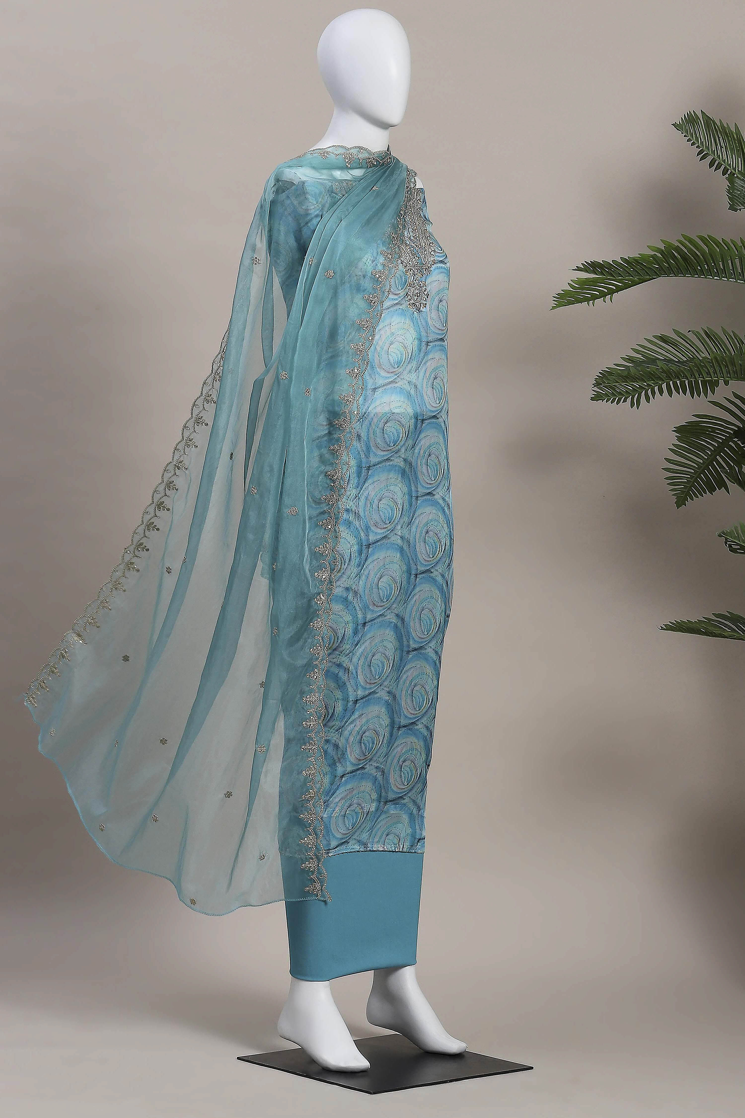 Pink Organza Rajasthani Print Unstitched Suit Set image number 4