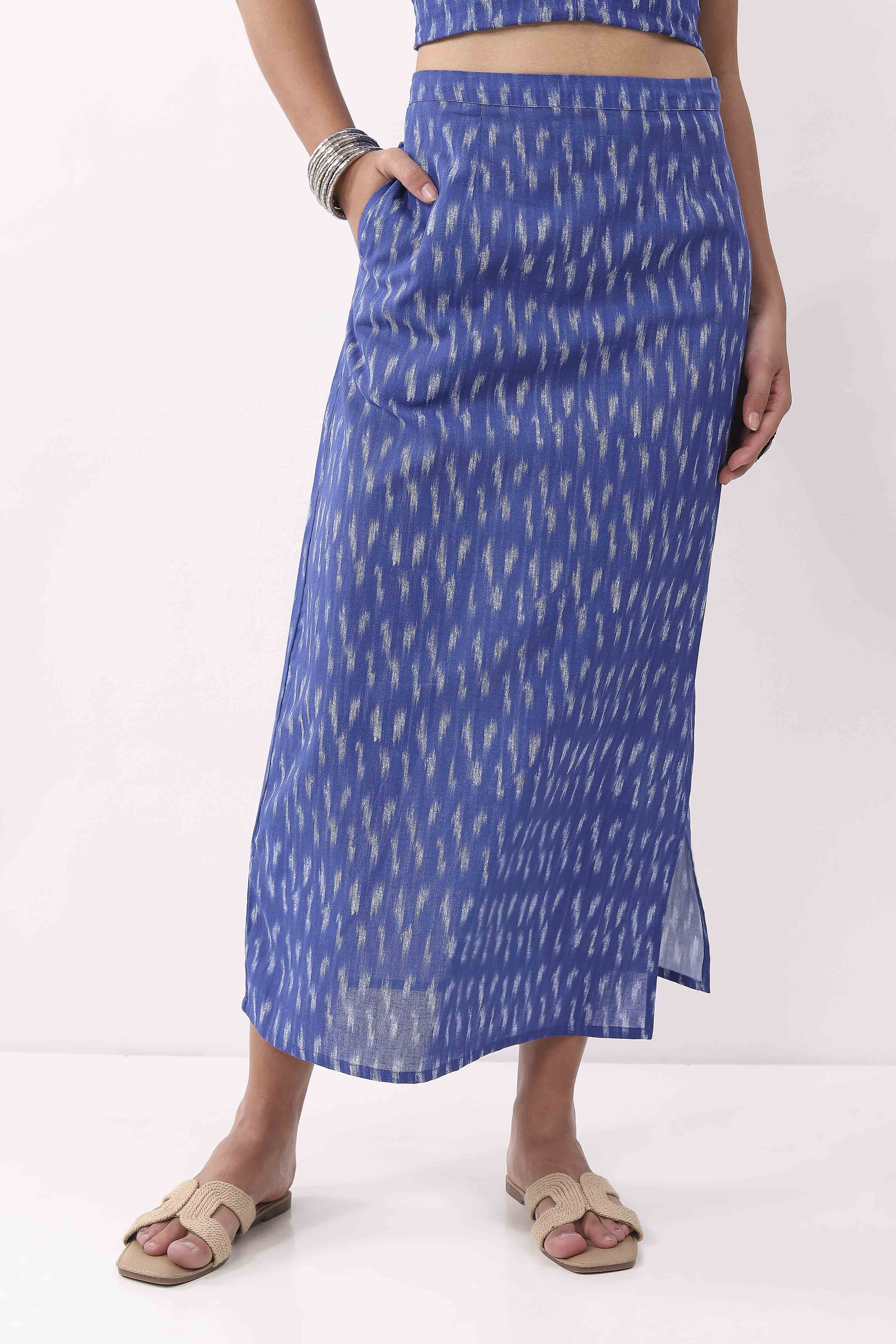 Royal Blue Cotton Abstrast Printed Maxi Skirt image number 4