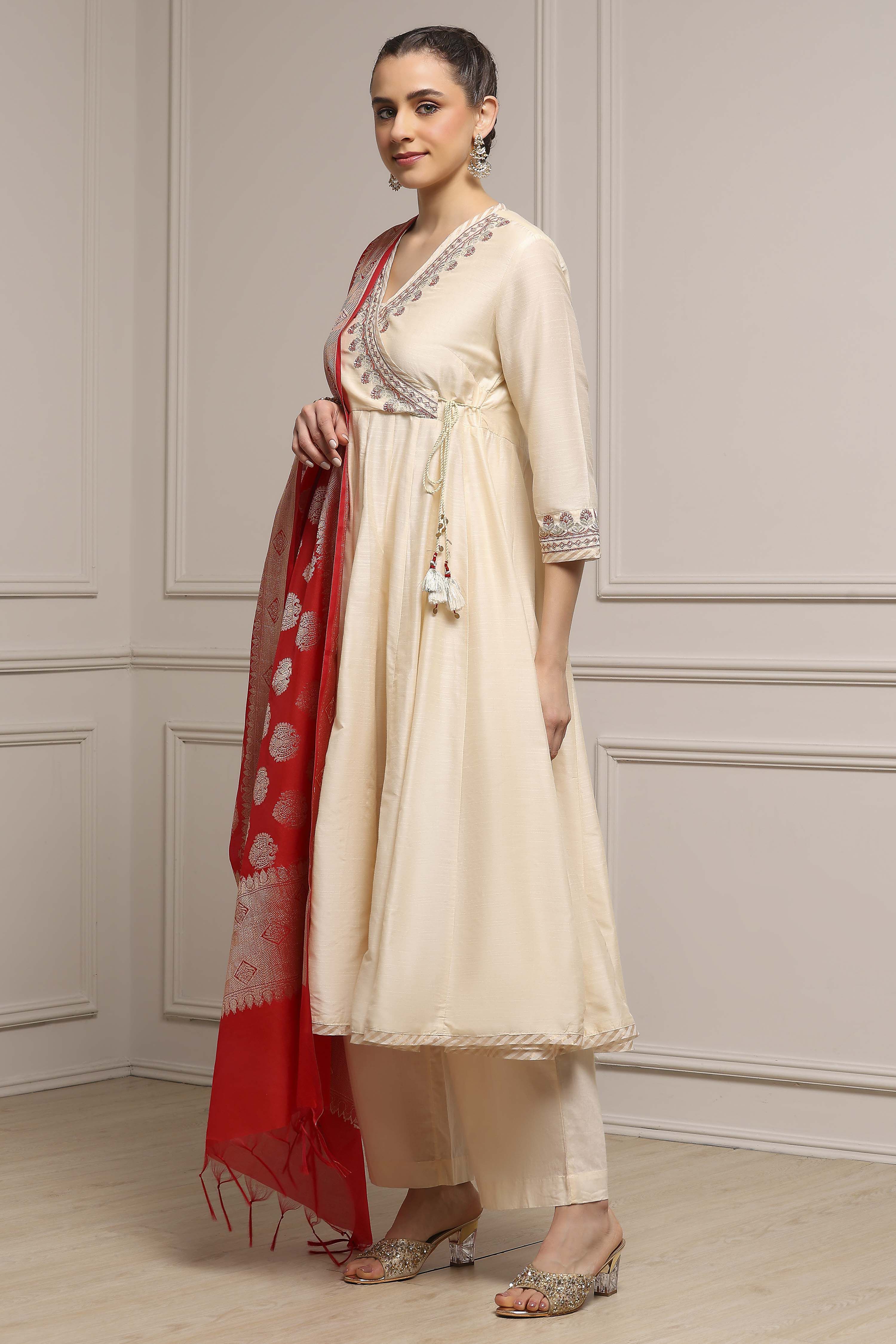Fuchsia Embroidered Angrakha Festive Anarkali Suit Set image number 3