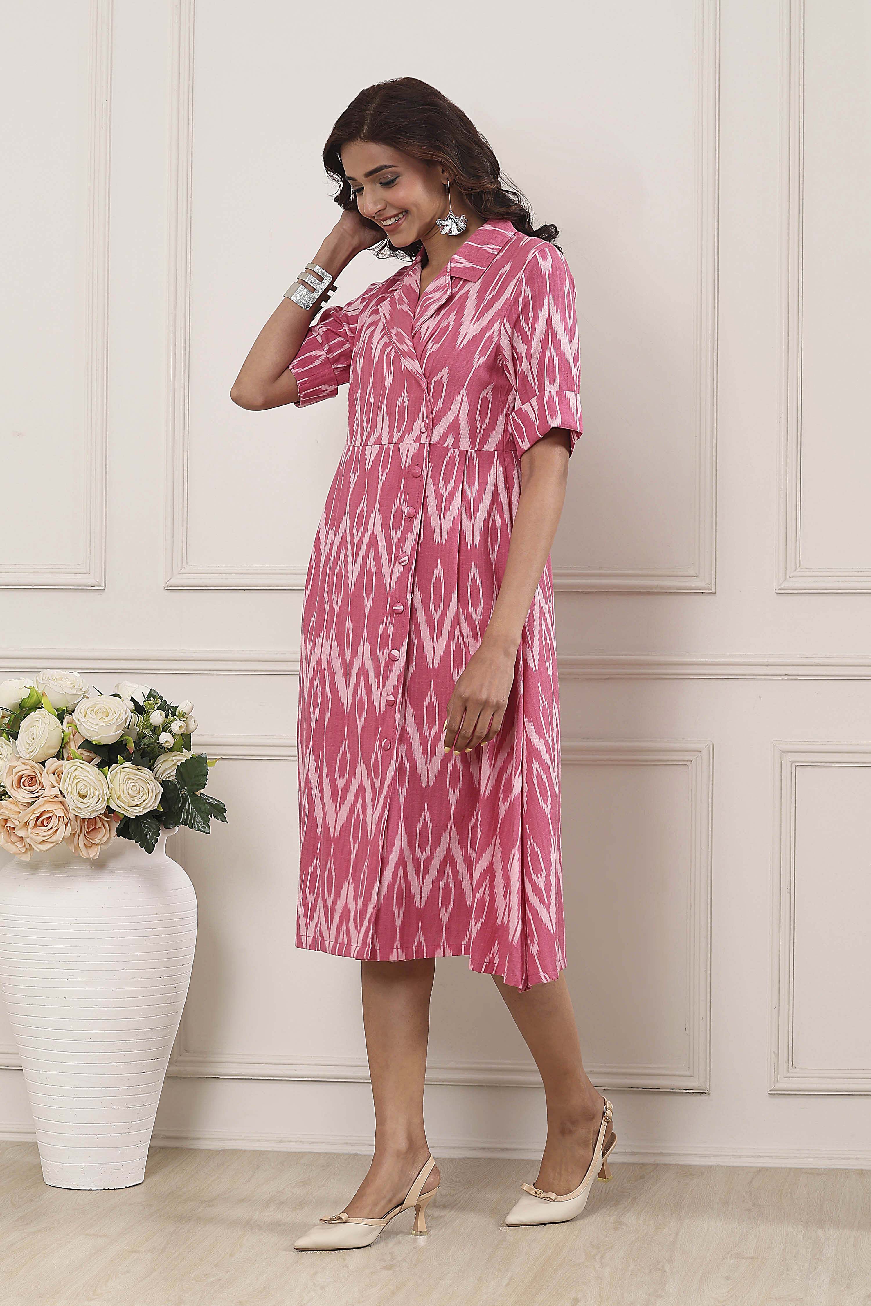 Pink Cotton Ikat Printed Flared Dress image number 2