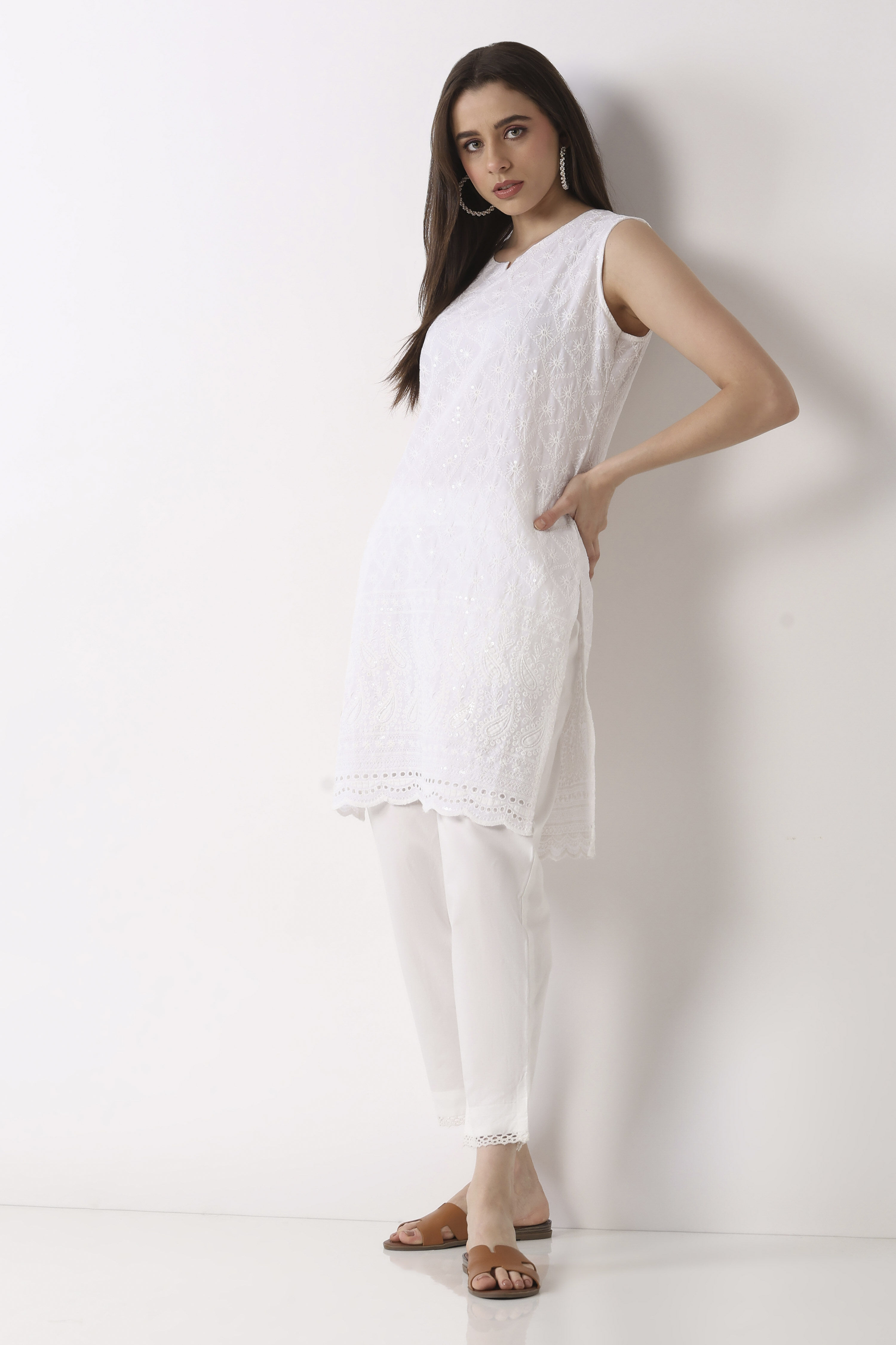 White Cotton Slim Pants image number 0