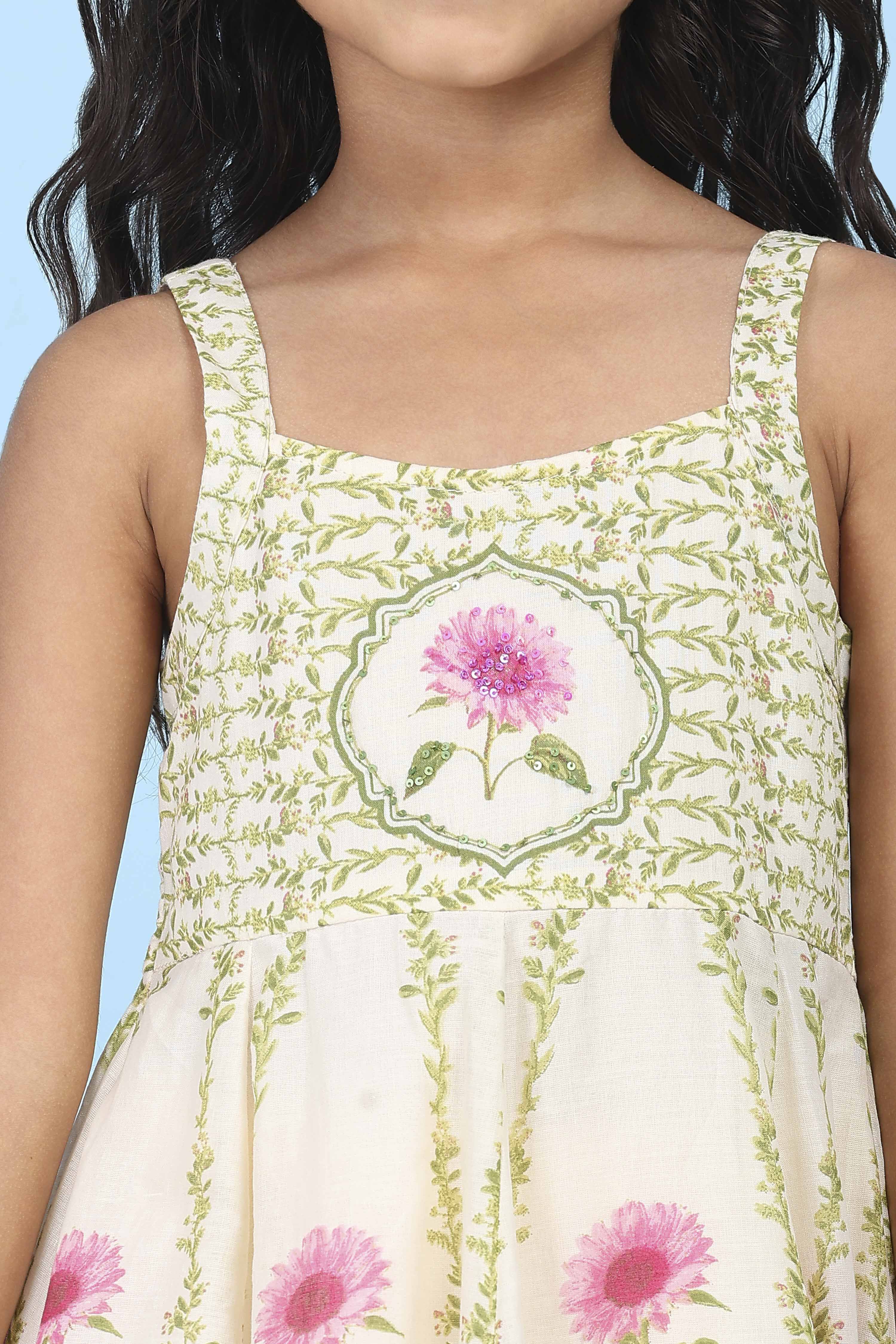 Off White & Green Cotton Floral Printed Anarkali Suit Set image number 1