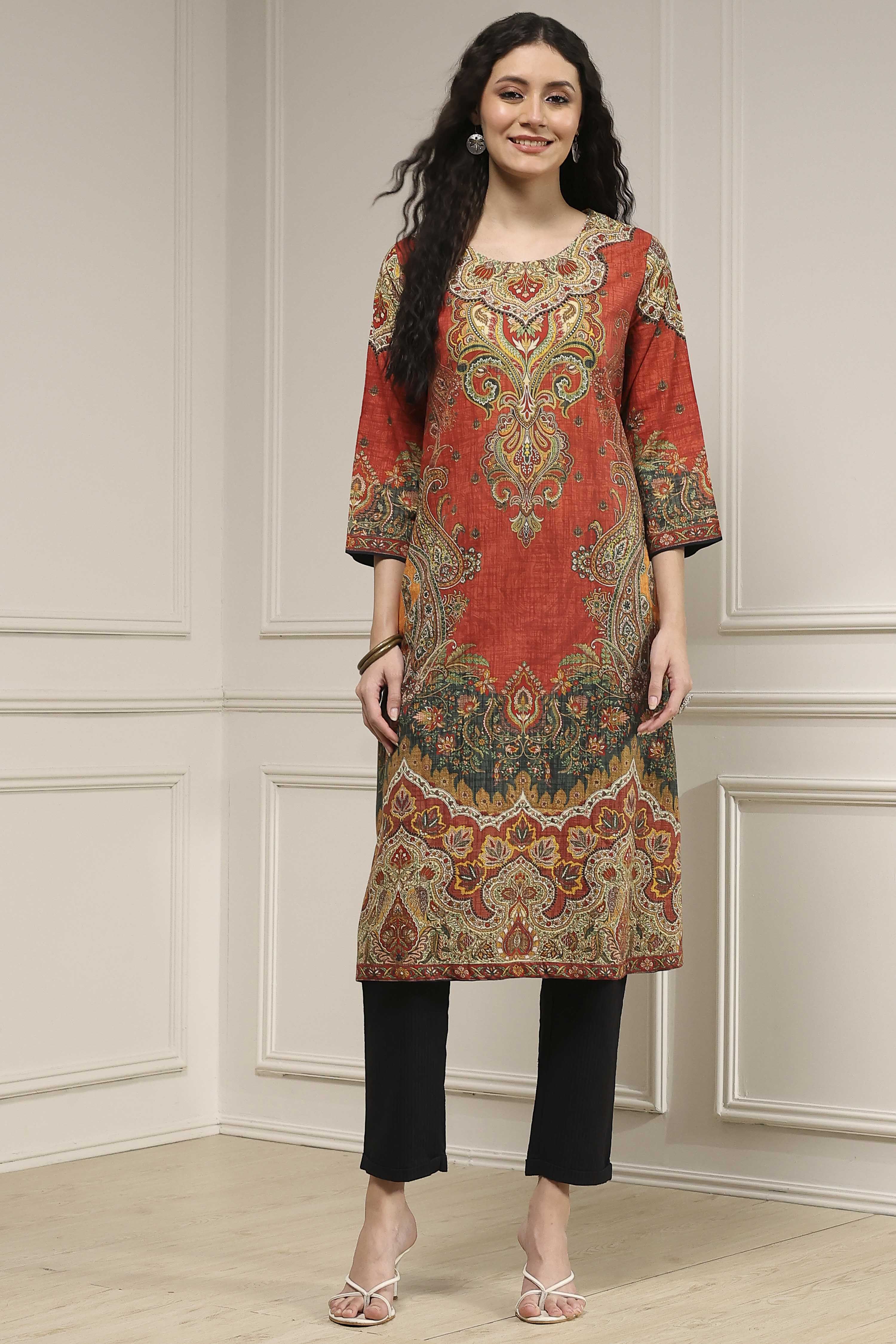 Blue Cotton Printed Straight Kurta image number 5