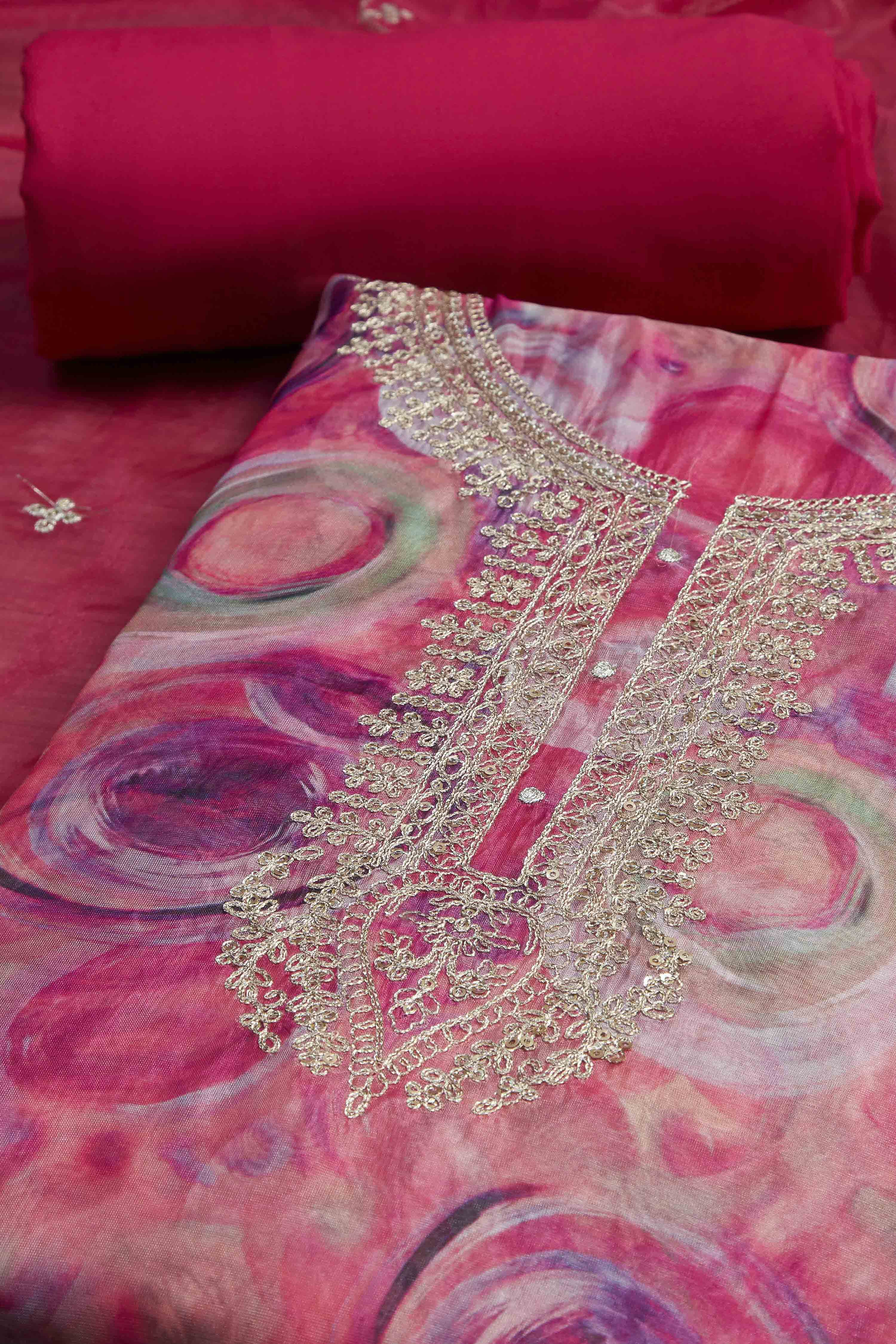 Pink Organza Rajasthani Print Unstitched Suit Set image number 1