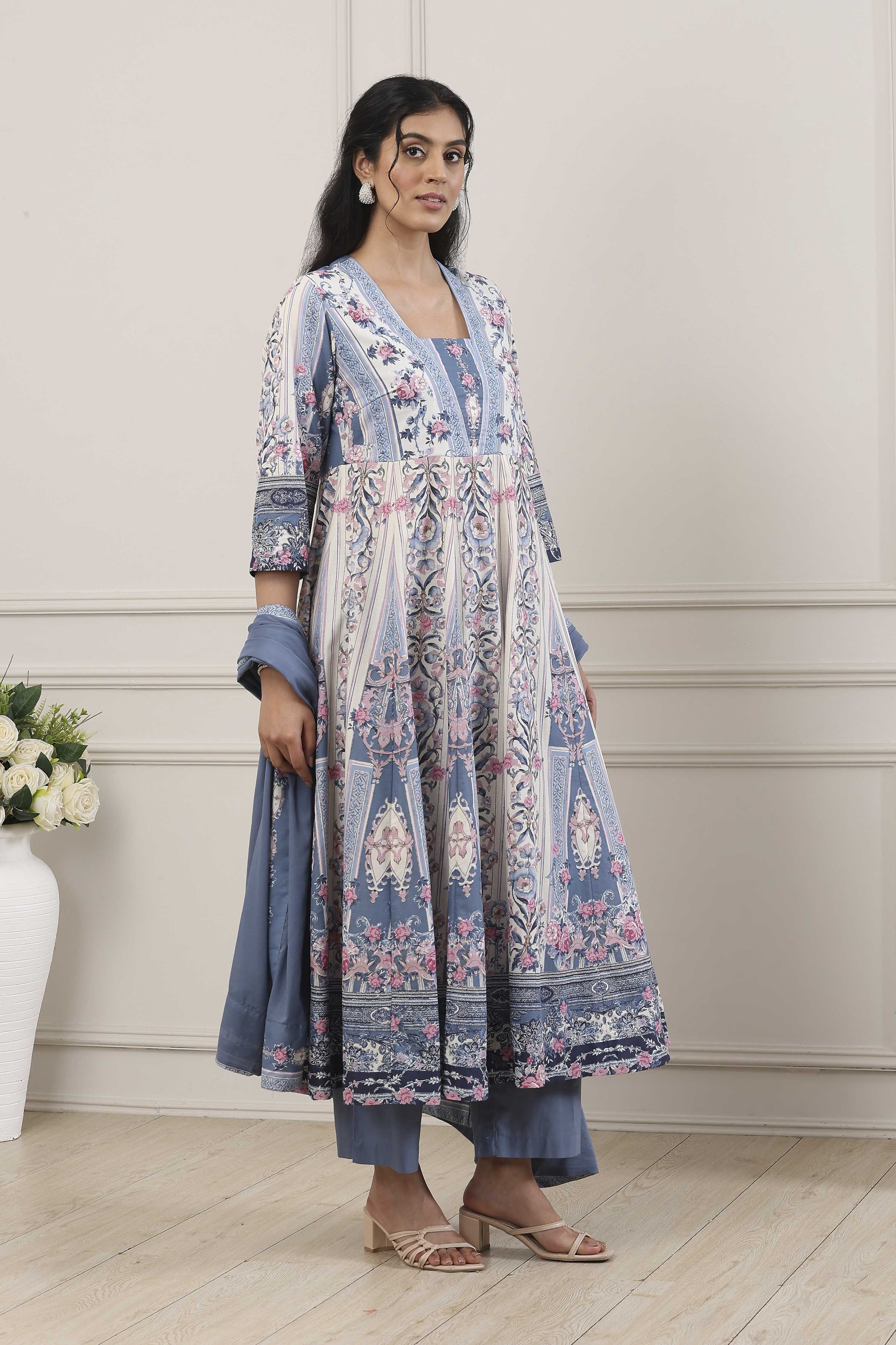 Blue Cotton Floral Printed Anarkali Suit Set image number 3