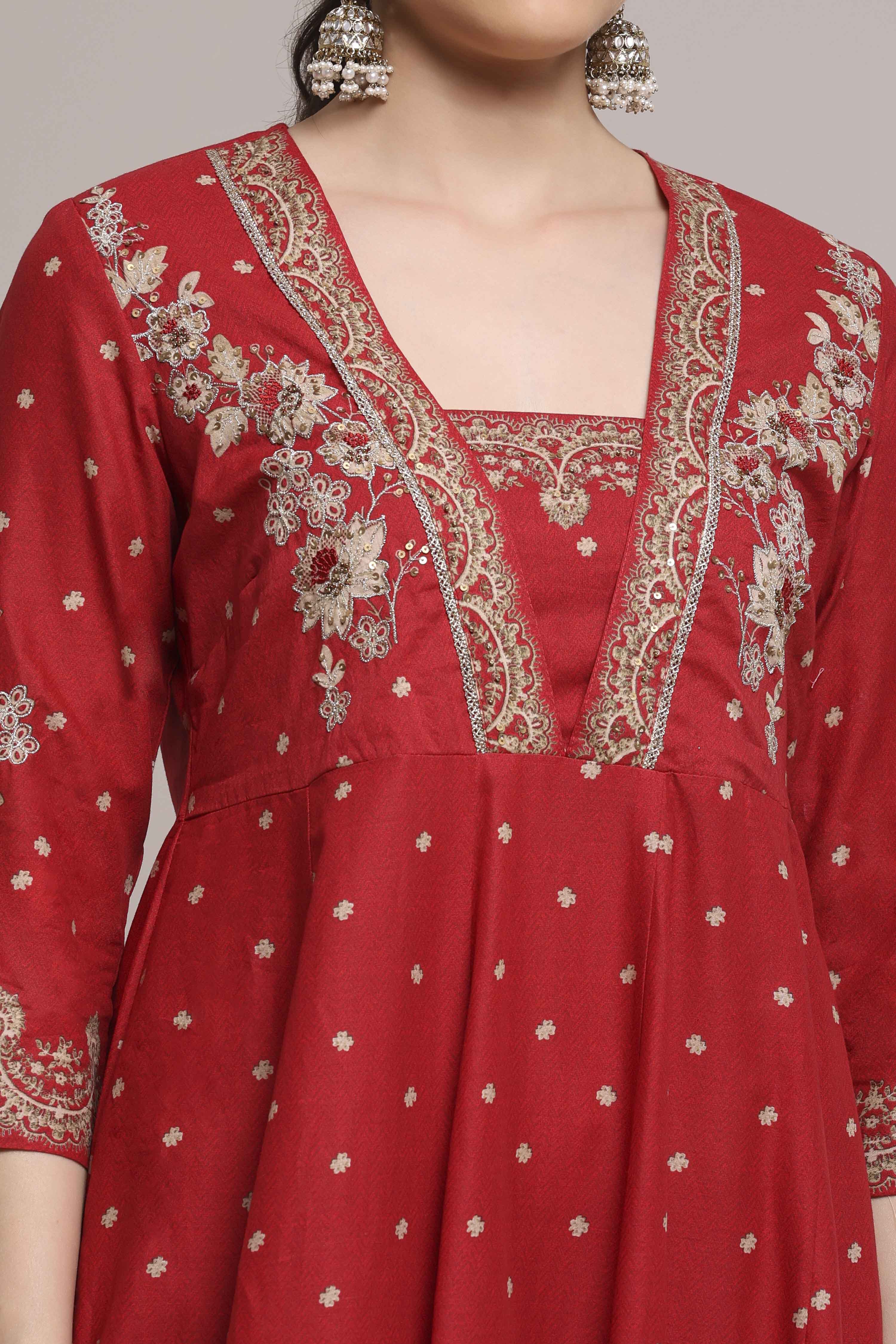 Red Cotton Anarkali Printed Suit Set image number 1