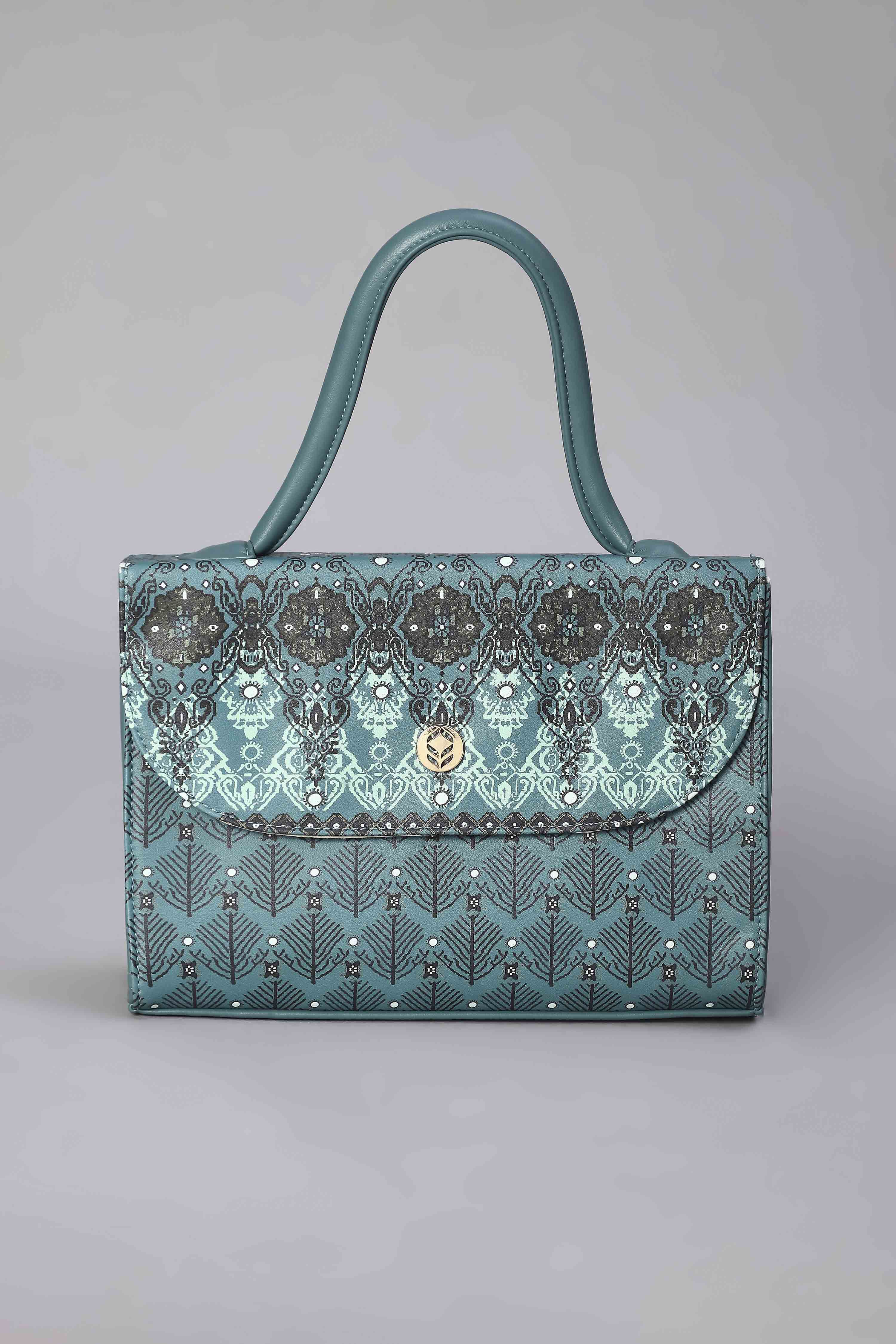 Teal Blue PU Printed Structured Satchel Bag image number 1