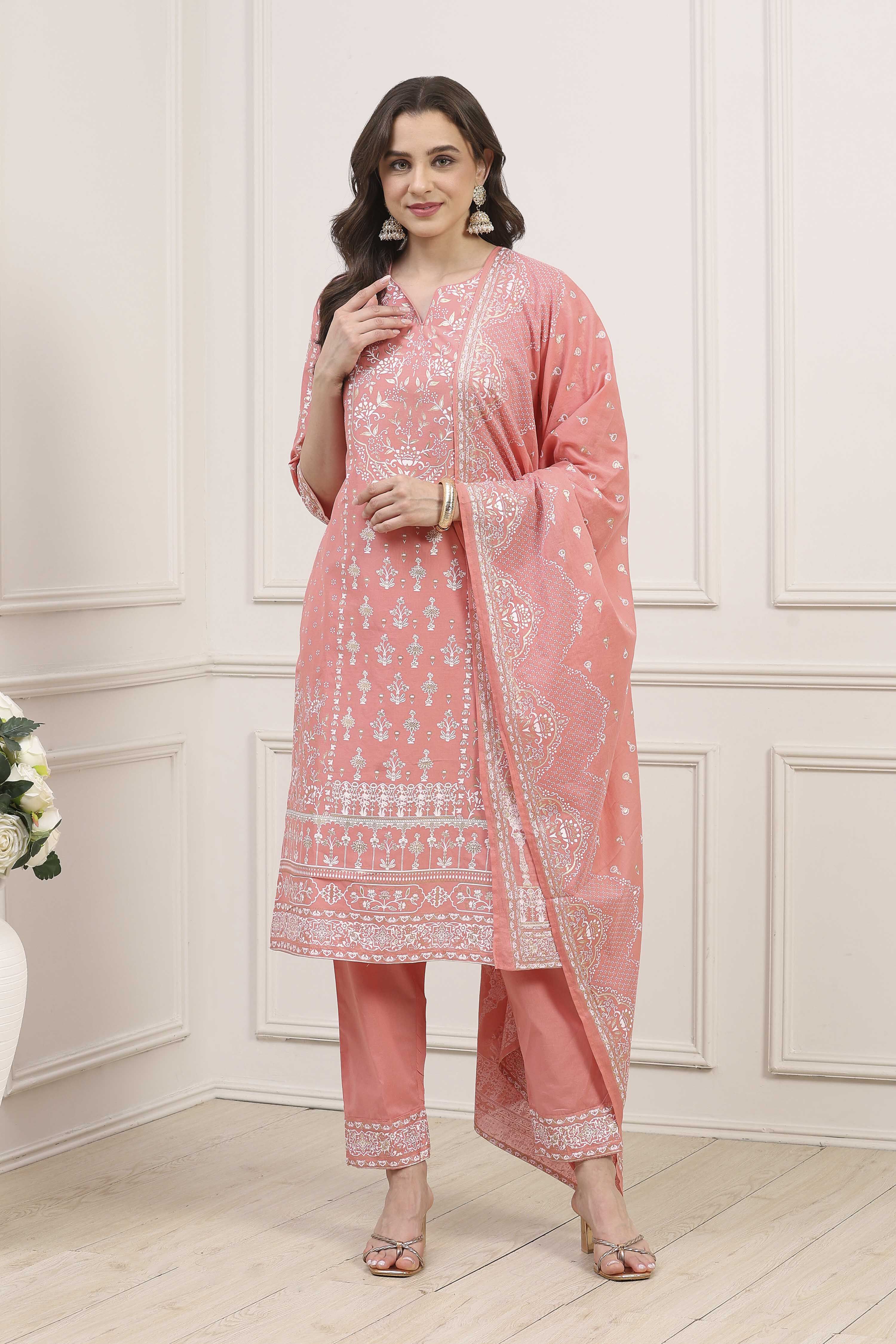 Light Coral Cotton Straight Kurta Pants Suit Set image number 6