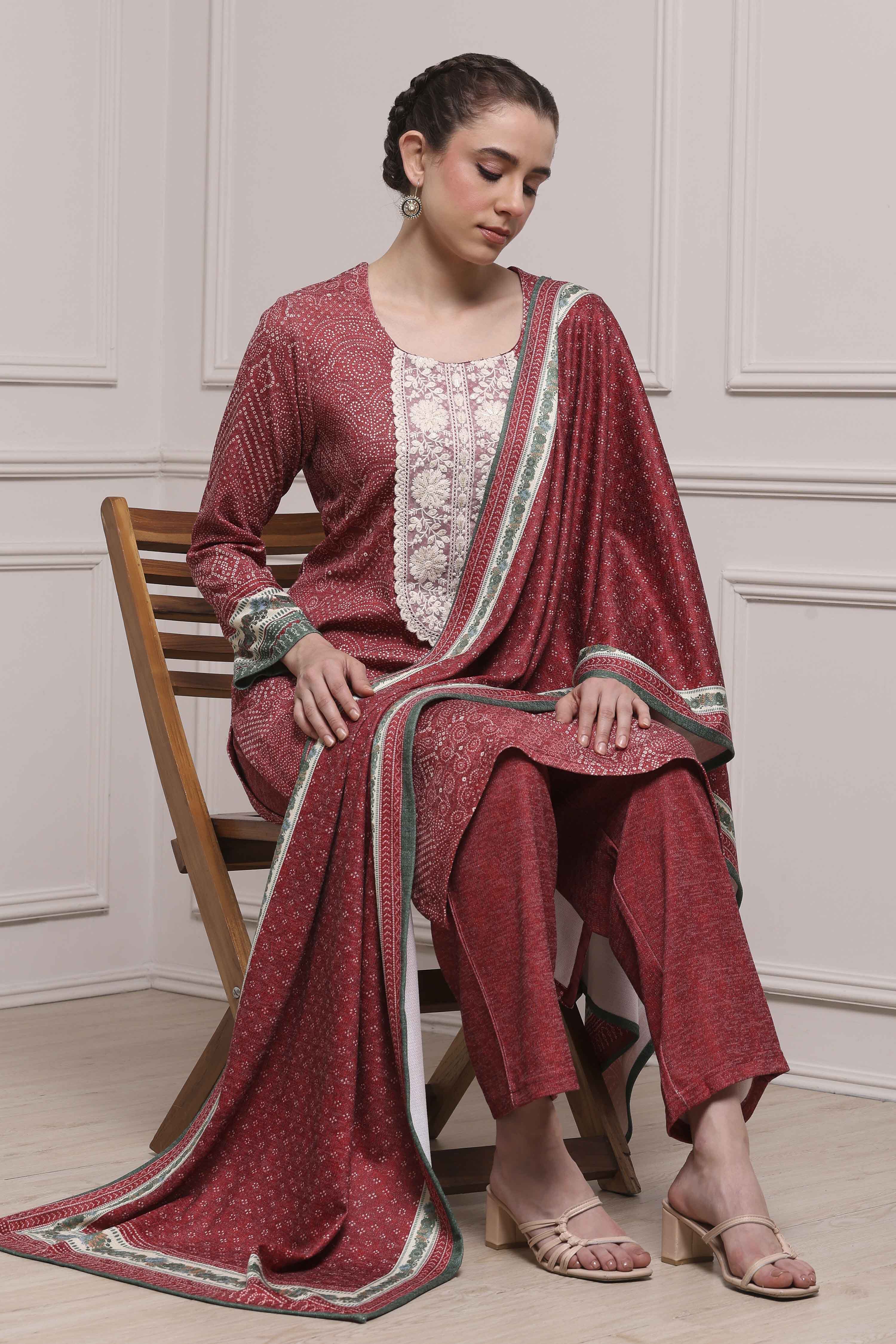 Red Printed Straight Winter Suit Set image number 0