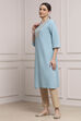 Blue Cotton Solid Straight Kurta image number 2