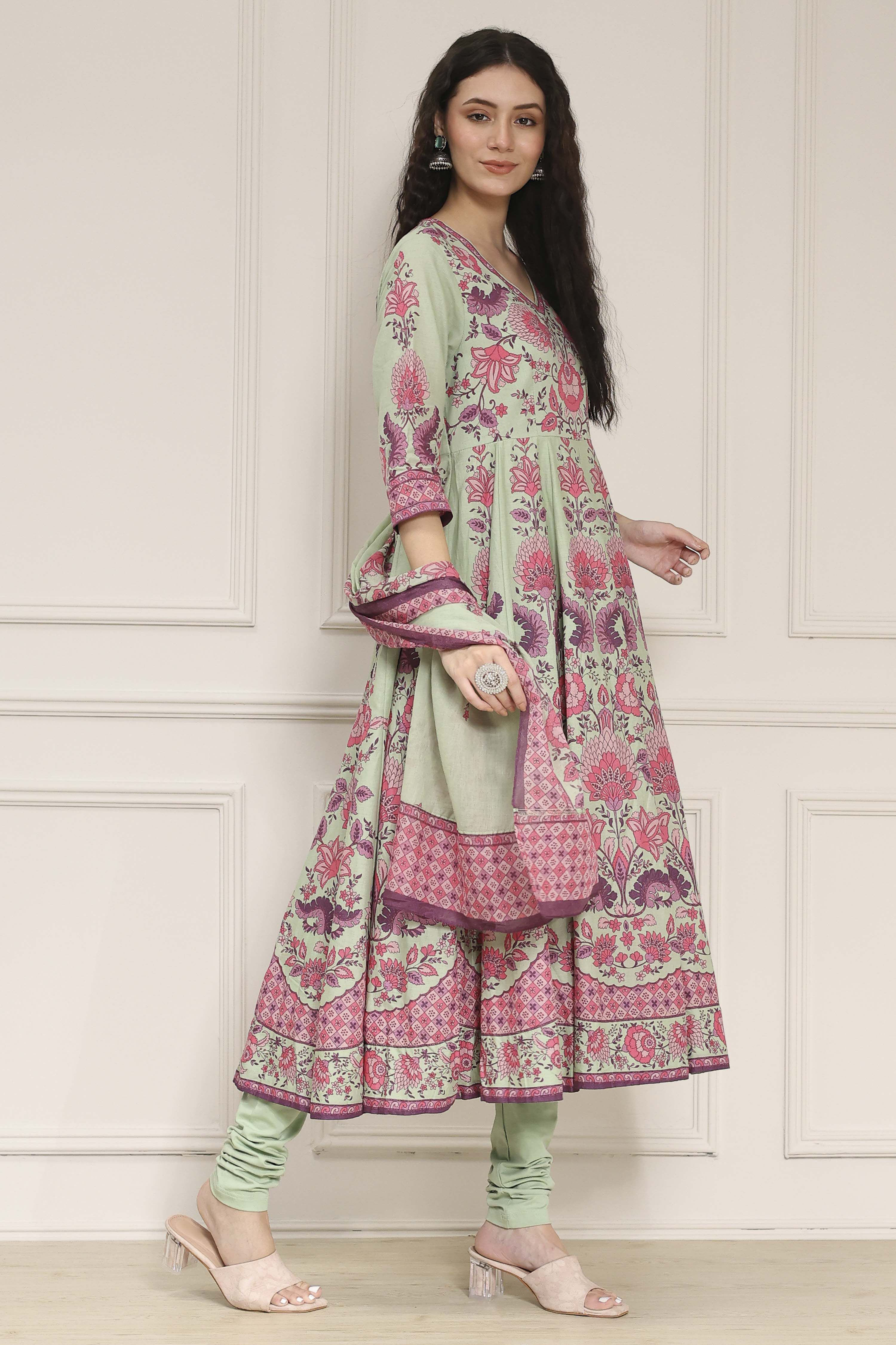 Sage Green Cotton Printed Anarkali Suit Set image number 5