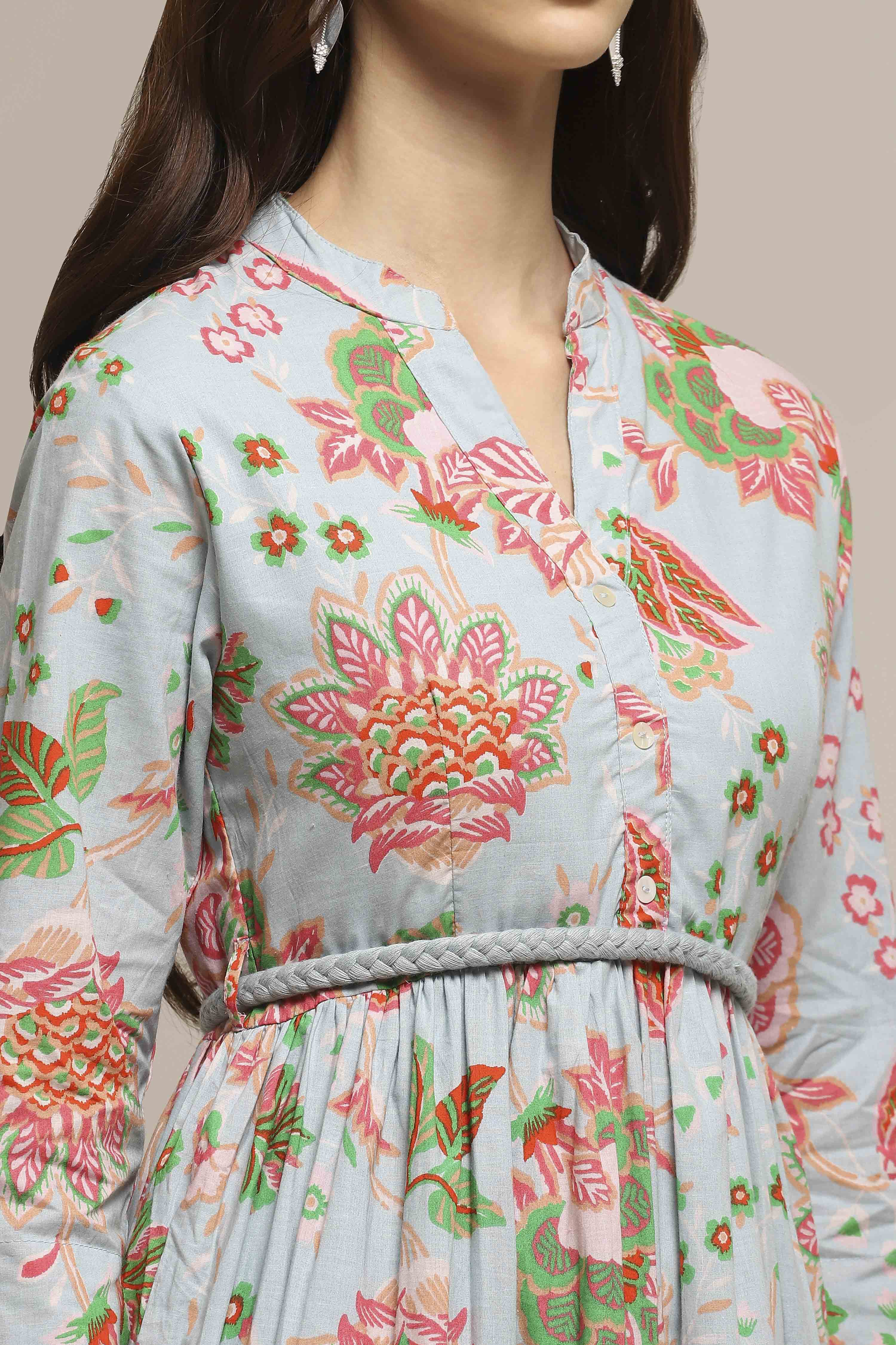 Light Blue Cotton Floral Tiered Dress image number 1