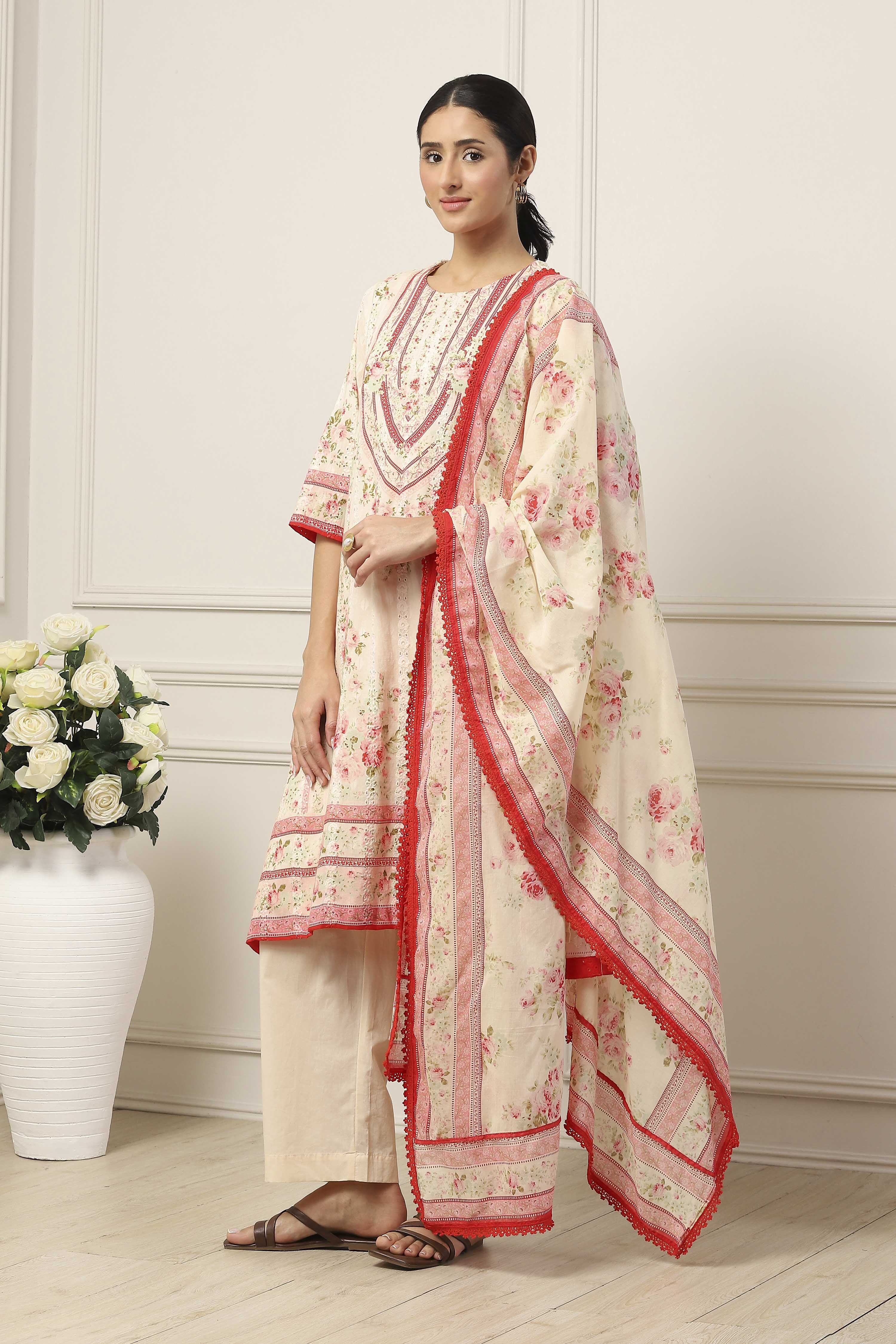 White Cotton Floral Printed A-Line Suit Set image number 3