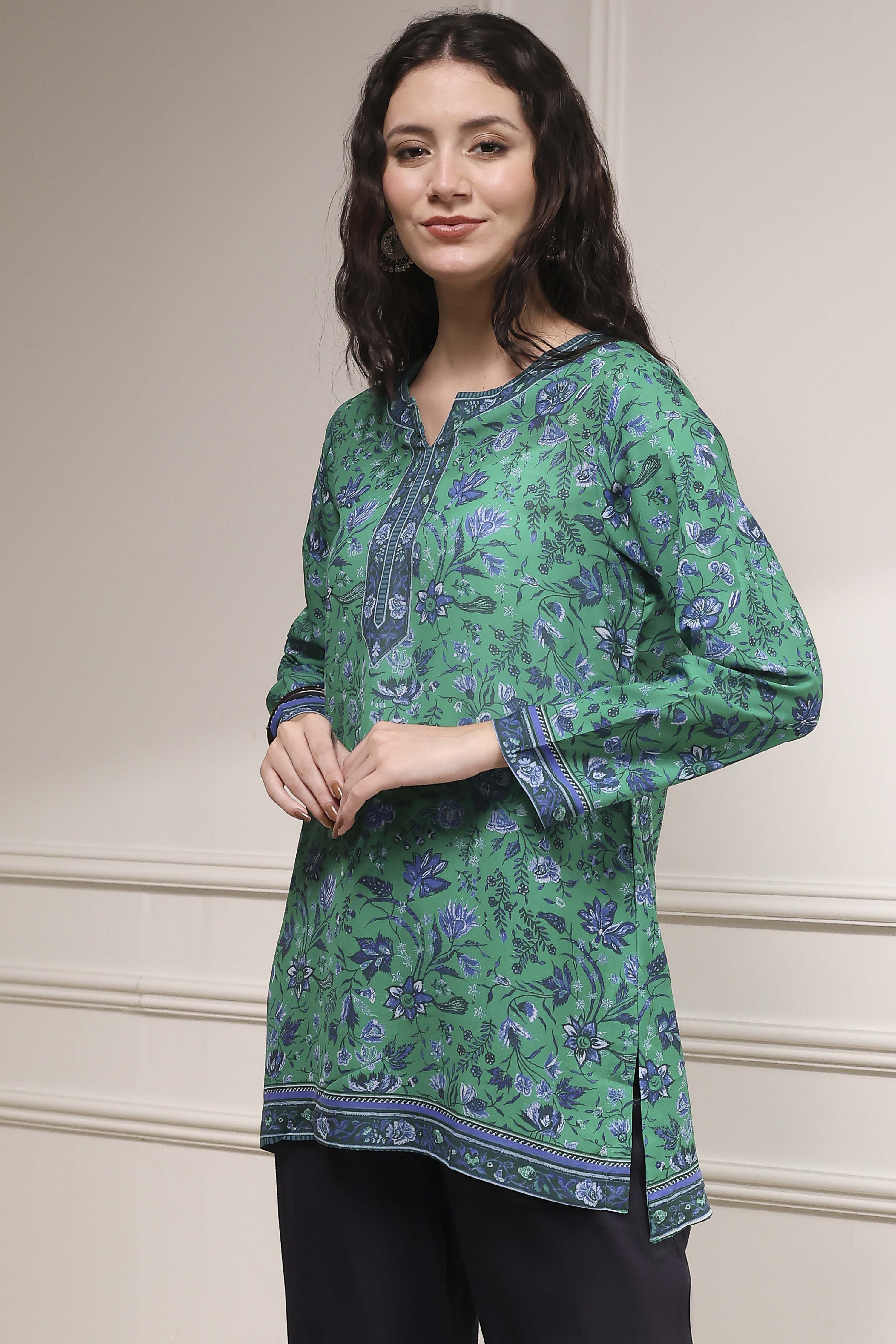 Turquoise Printed Straight Short Kurta image number 2