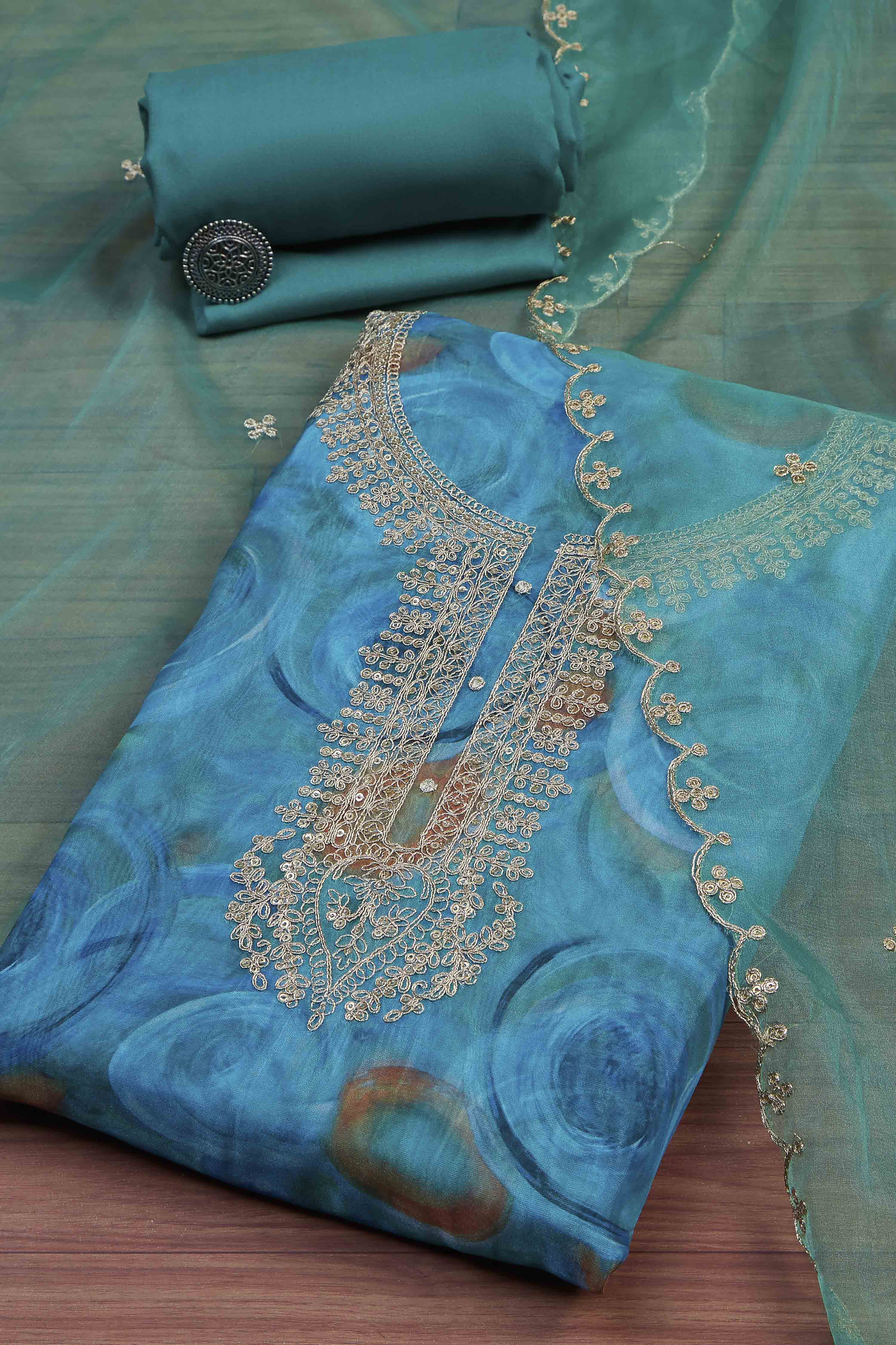 Blue Organza Rajasthani Print Unstitched Suit Set image number 0